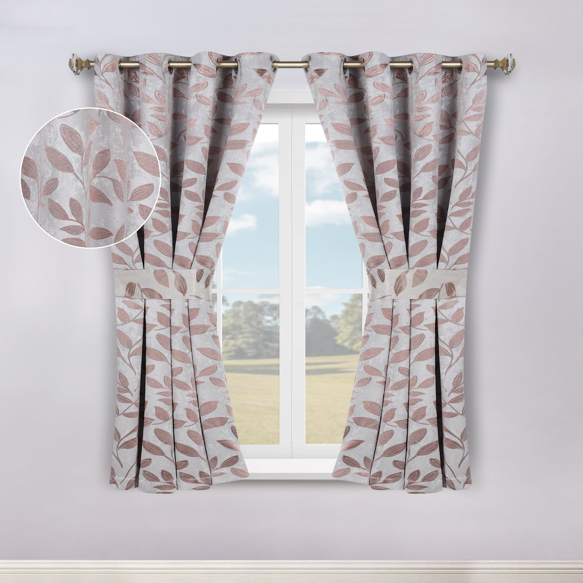 Superior Blackout Leaves Curtains Set of 2, Light Filtering Grommet Curtain Panel Set, Champagne, 46"W x 63"L