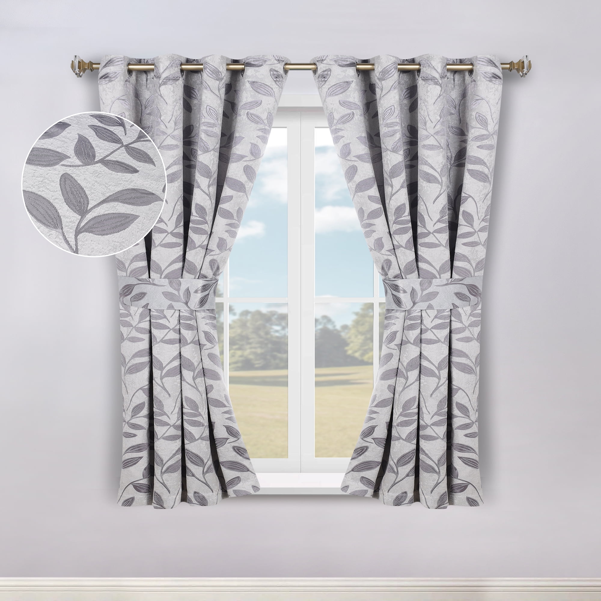 Superior Blackout Leaves Curtains Set of 2, Light Filtering Grommet Curtain Panel Set, Grey, 46"W x 63"L