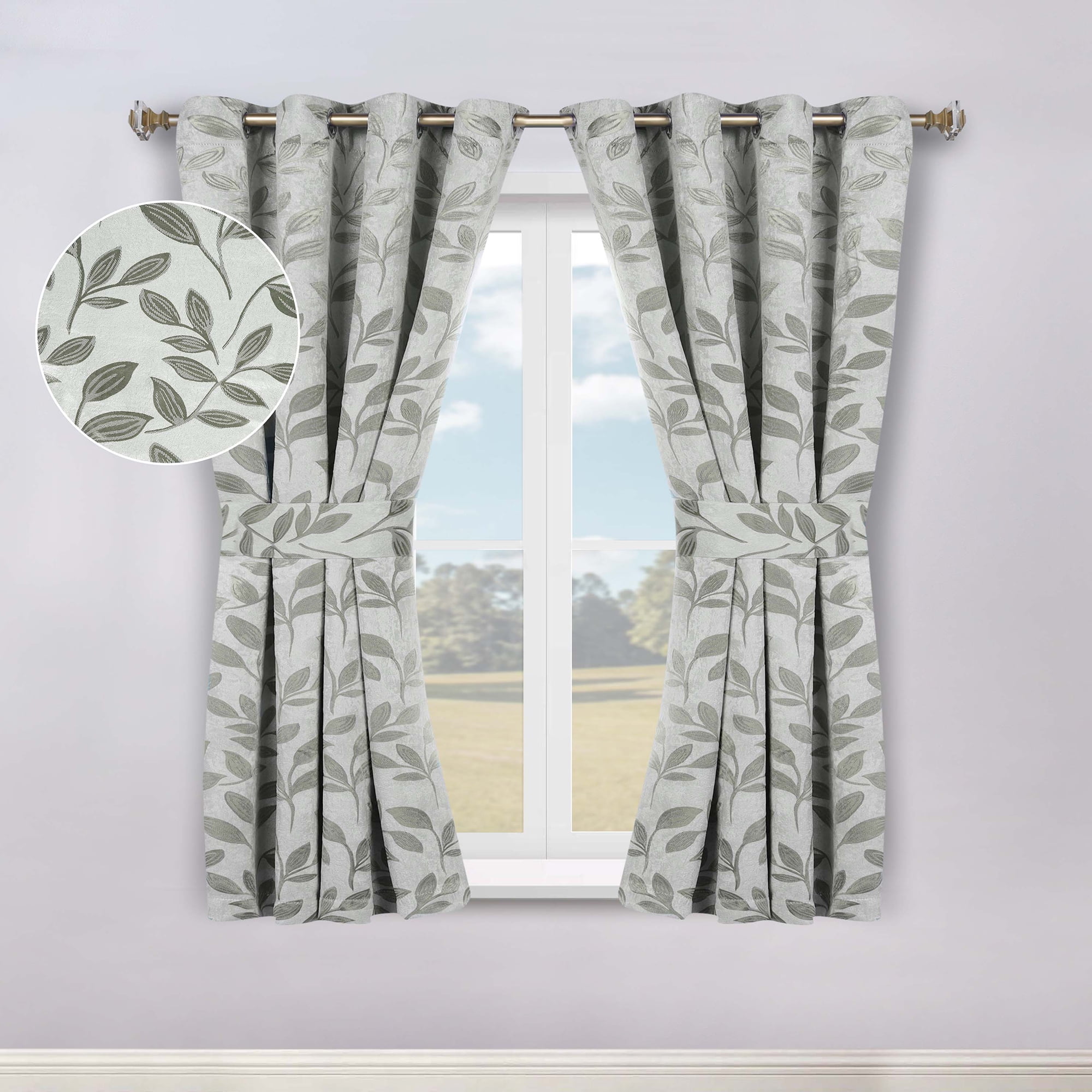 Sage Polyester Blackout Curtains with Leaf Pattern, 42" x 63"