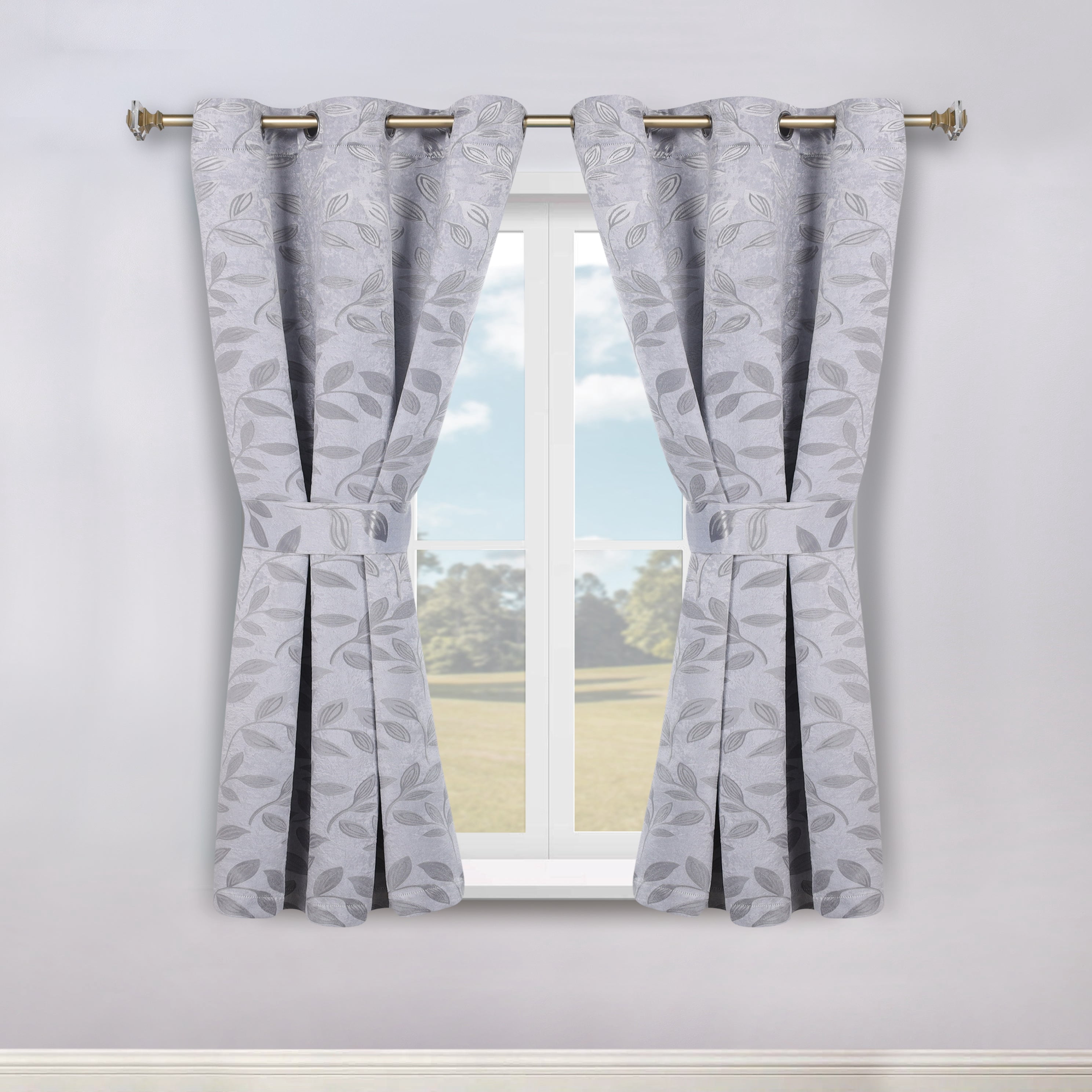 Superior Blackout Leaves Curtains Set of 2, Light Filtering Grommet Curtain Panel Set, Silver-Silver, 46"W x 63"L