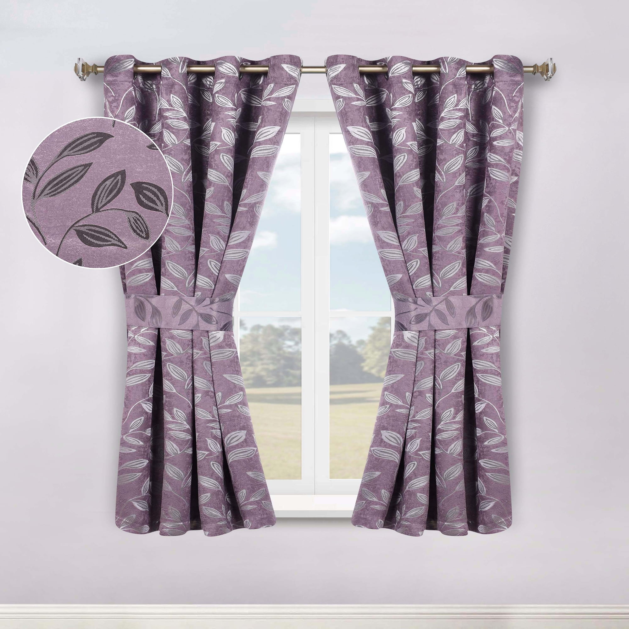 Wisteria Polyester Blackout Curtains with Leaf Design, 42" x 63"