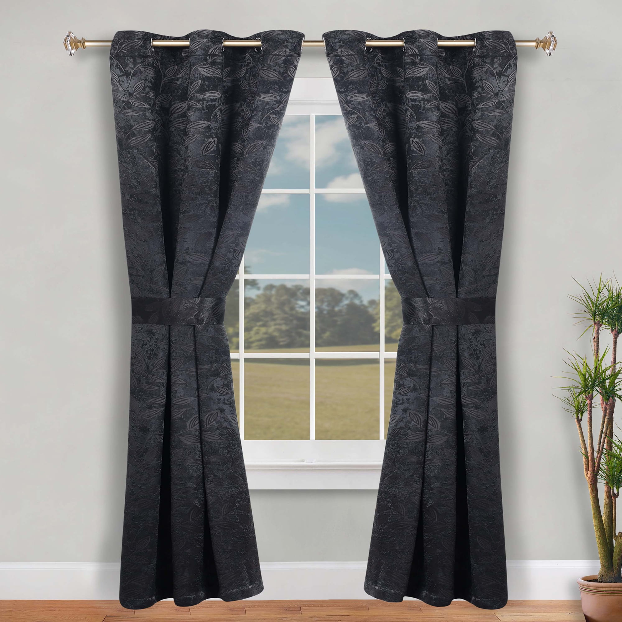 Superior Blackout Leaves Curtains Set of 2, Light Filtering Grommet Curtain Panel Set, Black, 46"W x 84"L