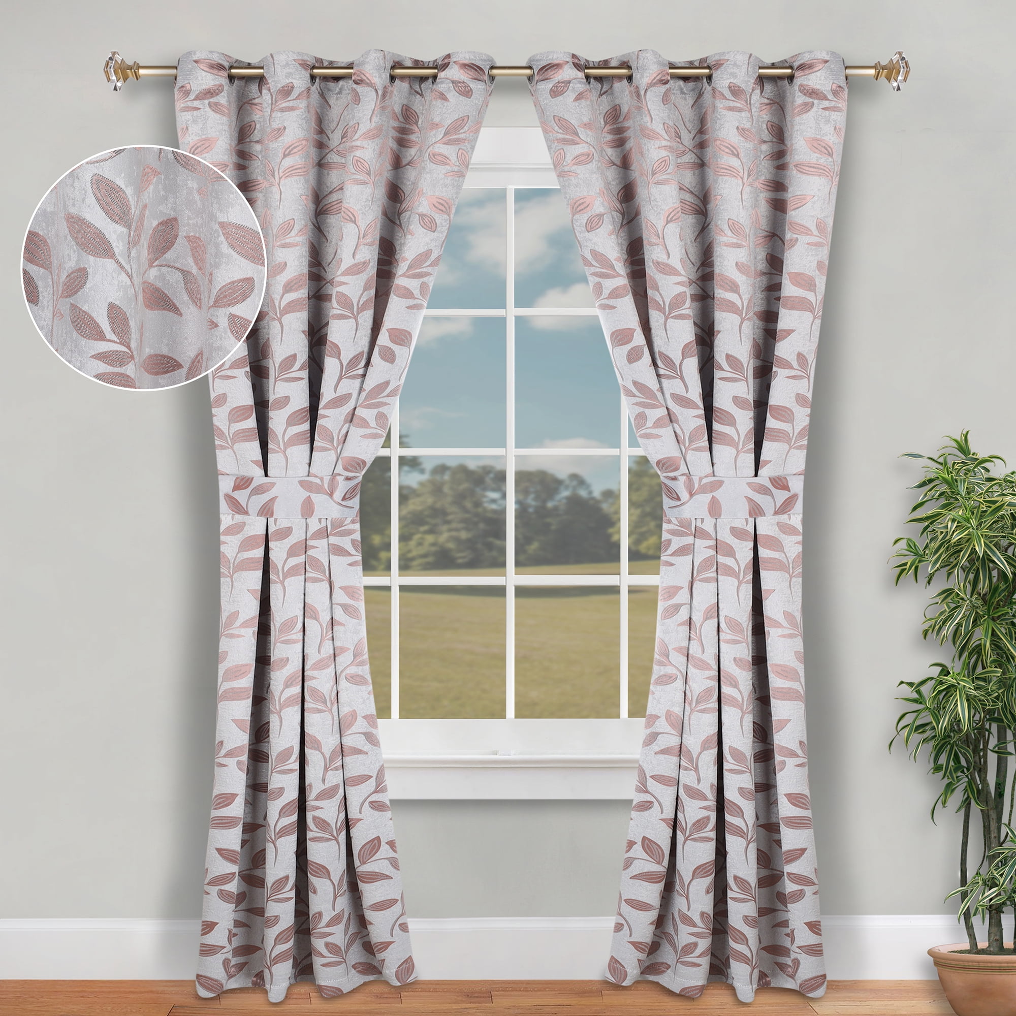 Superior Blackout Leaves Curtains Set of 2, Light Filtering Grommet Curtain Panel Set, Champagne, 46"W x 84"L