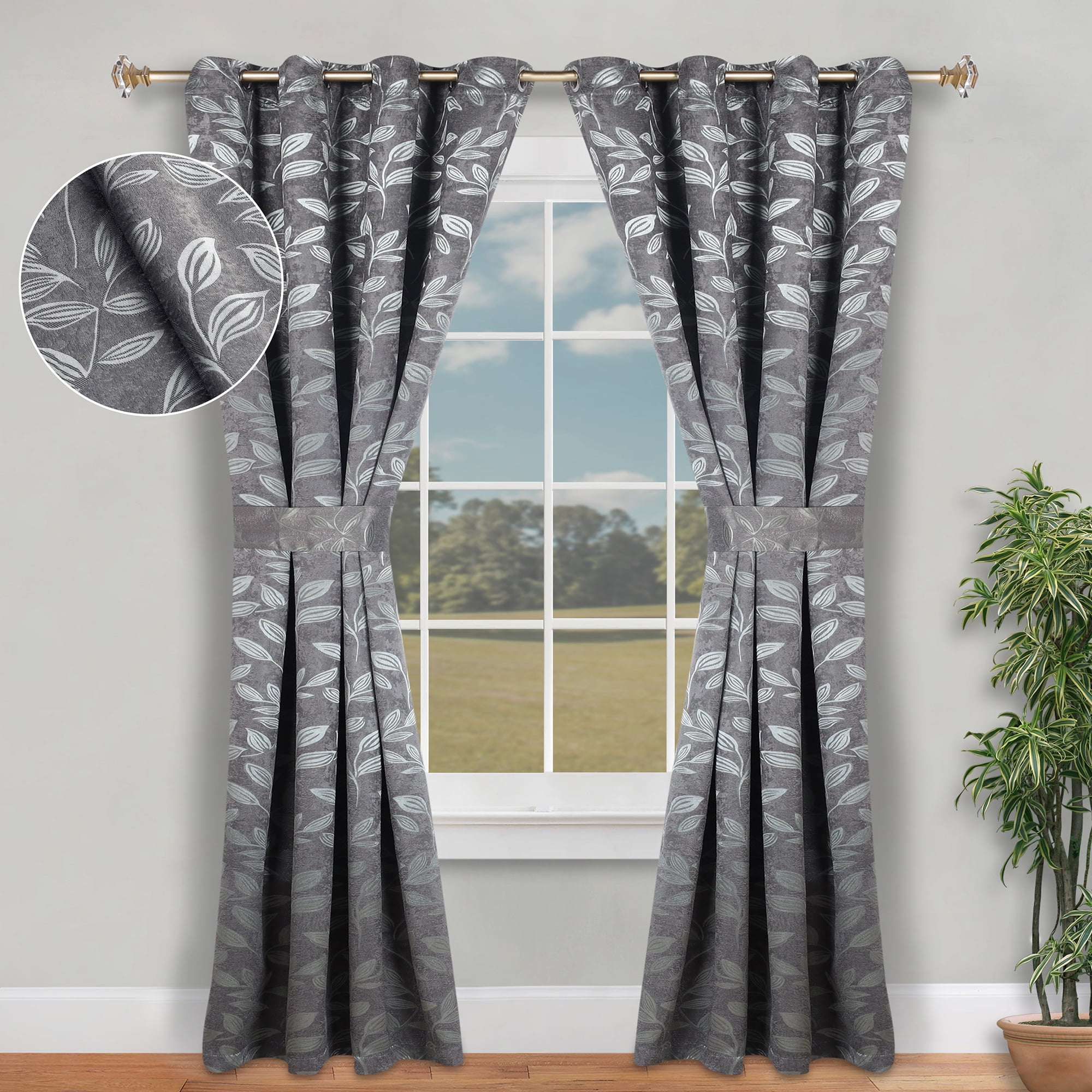 Superior Blackout Leaves Curtains Set of 2, Light Filtering Grommet Curtain Panel Set, Nickel Black, 46"W x 84"L