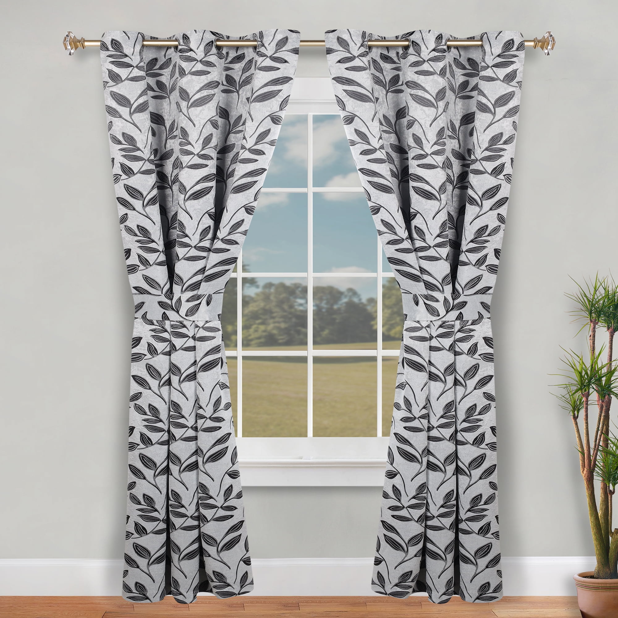 Superior Blackout Leaves Curtains Set of 2, Light Filtering Grommet Curtain Panel Set, Silver-Black, 46"W x 84"L