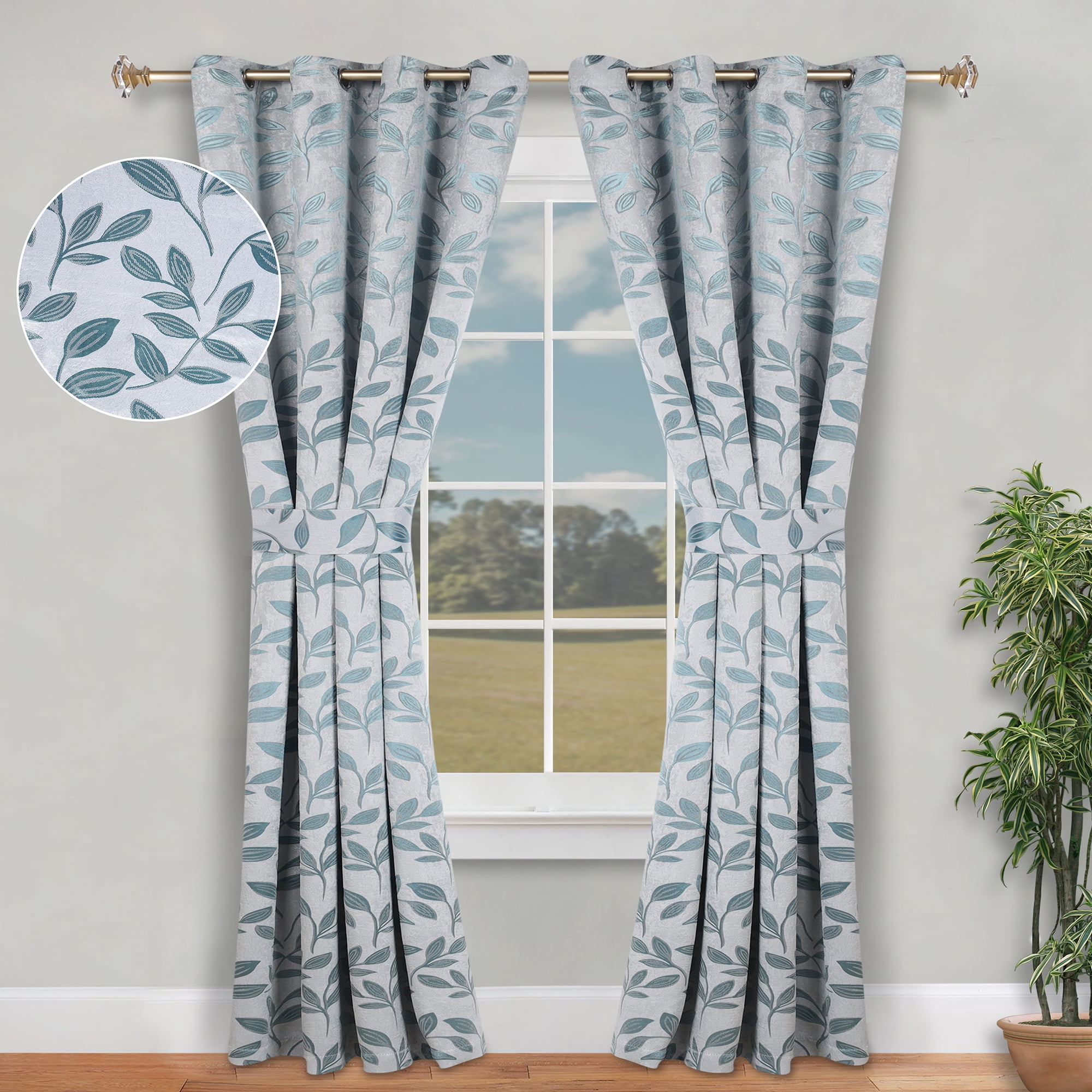 Superior Blackout Leaves Curtains Set of 2, Light Filtering Grommet Curtain Panel Set, Teal, 46"W x 84"L