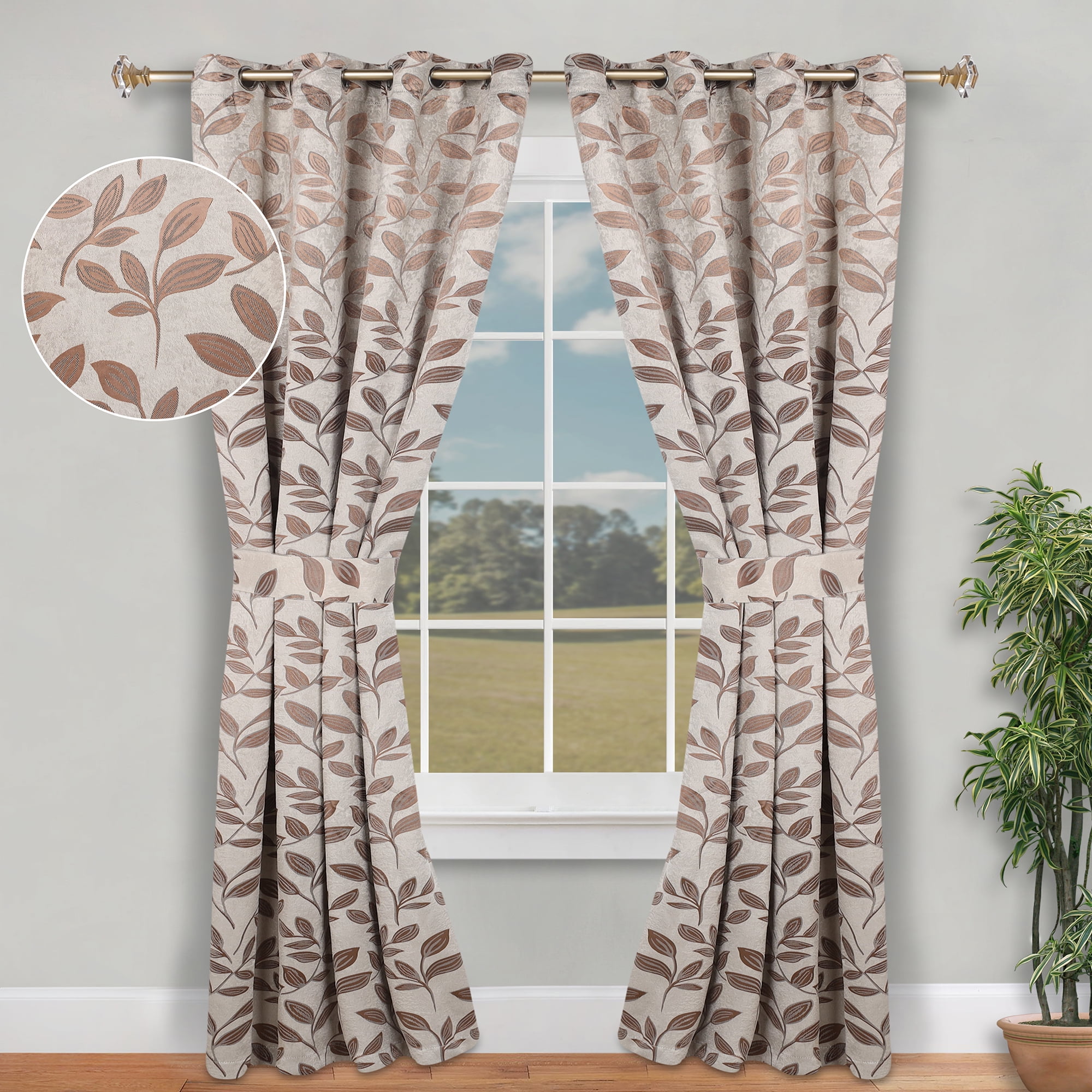 Superior Blackout Leaves Curtains Set of 2, Light Filtering Grommet Curtain Panel Set, White-Copper, 46"W x 84"L