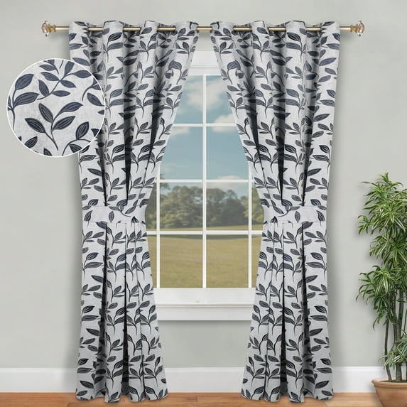 Superior Blackout Leaves Light Filtering Grommet Curtain Panel Set, 46"x84", White-Navy