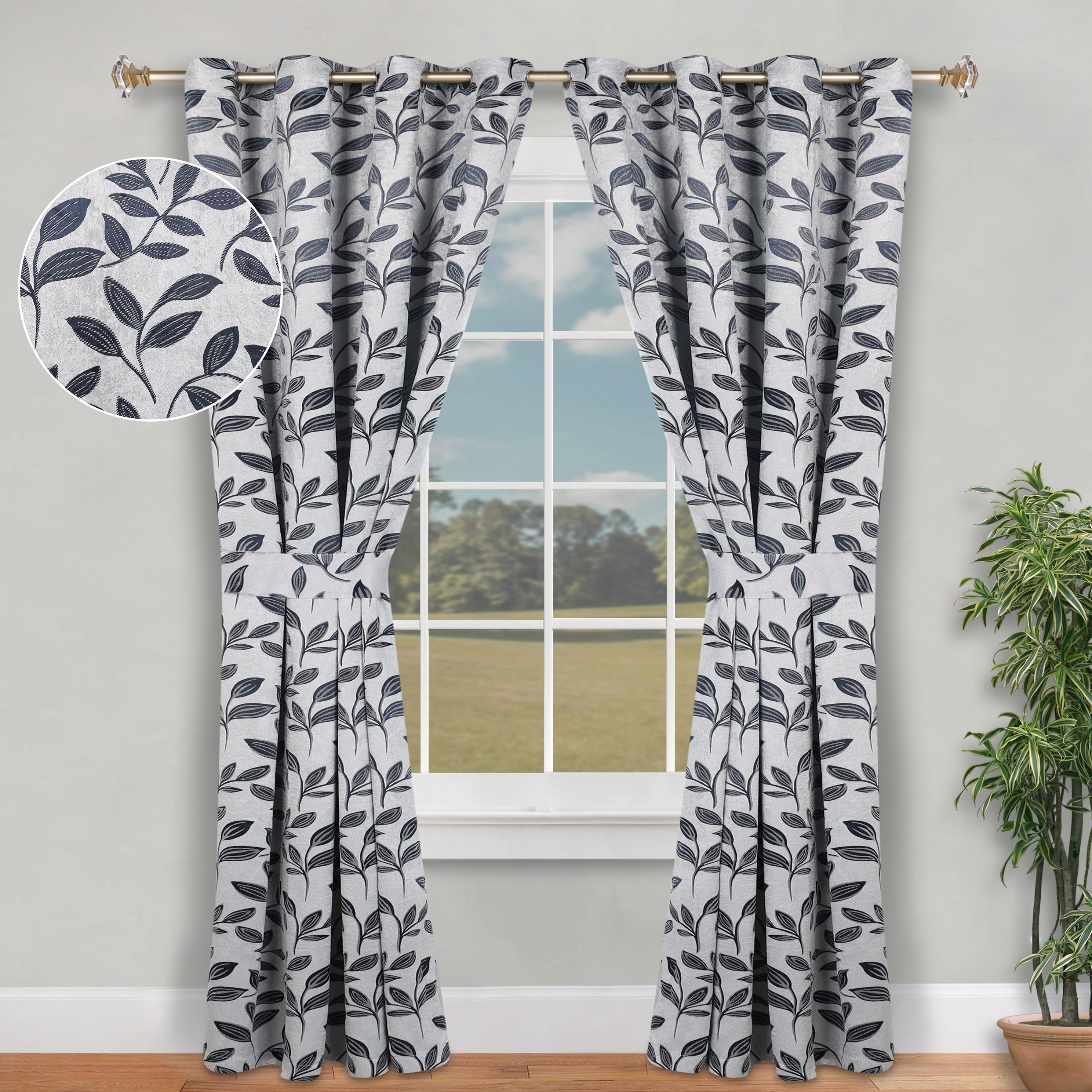 Superior Blackout Leaves Curtains Set of 2, Light Filtering Grommet Curtain Panel Set, White-Navy, 46"W x 84"L