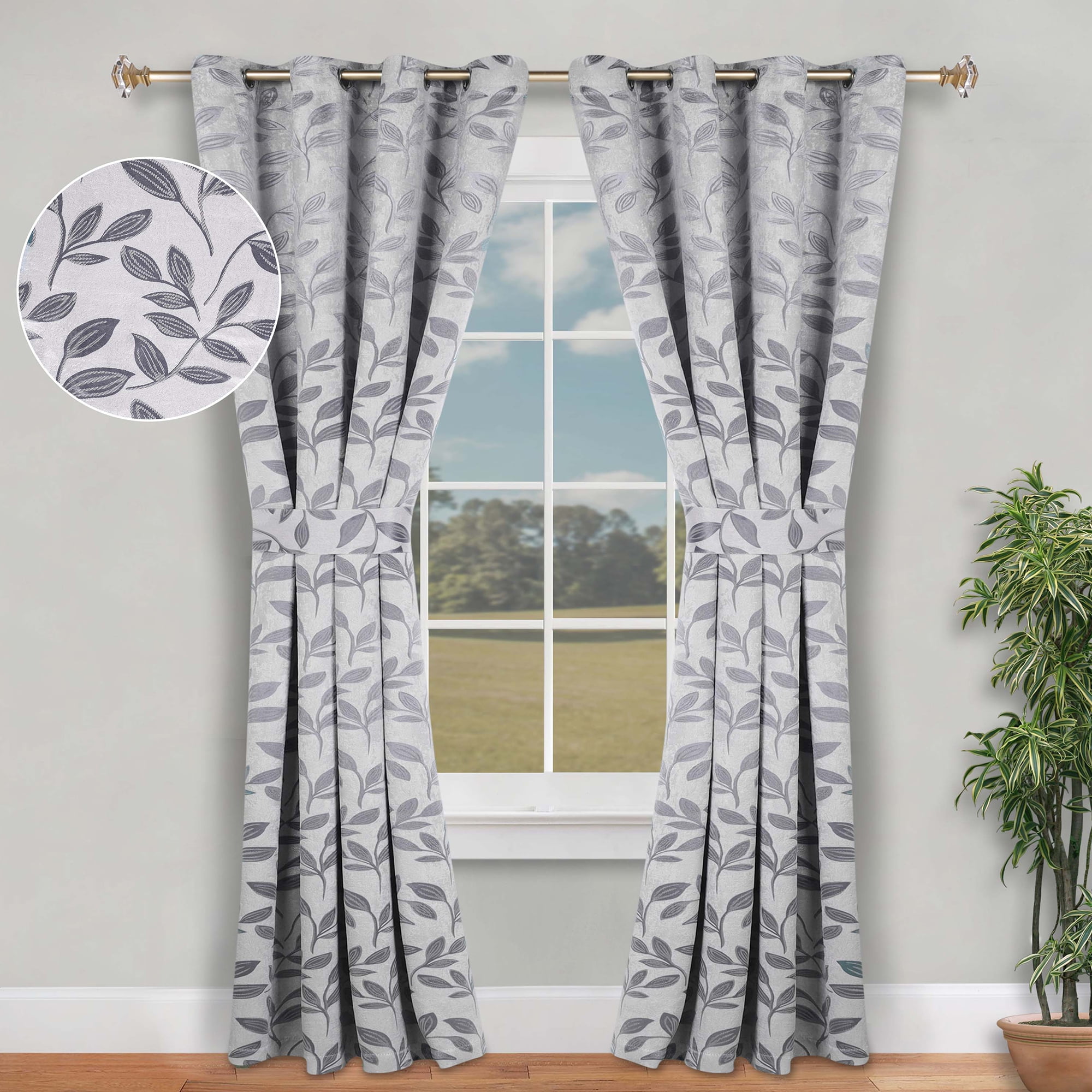Superior Blackout Leaves Curtains Set of 2, Light Filtering Grommet Curtain Panel Set, Grey, 46"W x 96"L