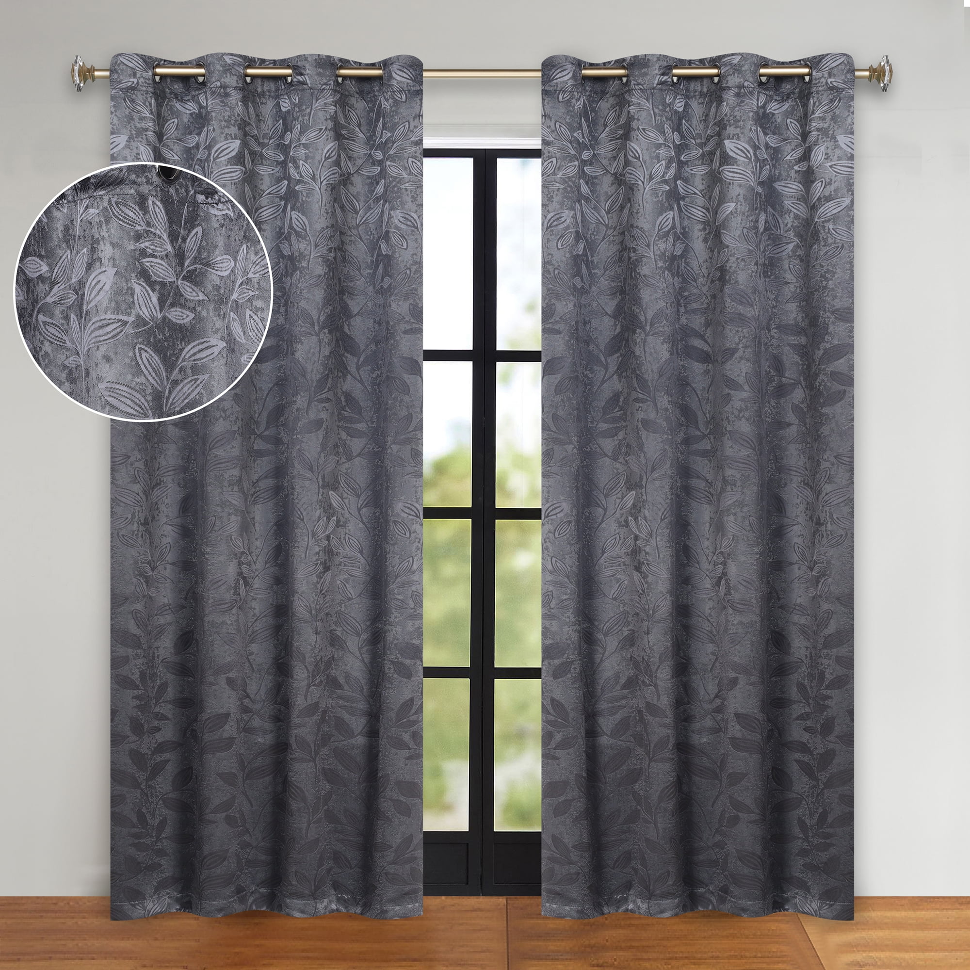 Superior Blackout Leaves Curtains Set of 2, Light Filtering Grommet Curtain Panel Set, Charcoal, 52"W x 108"L
