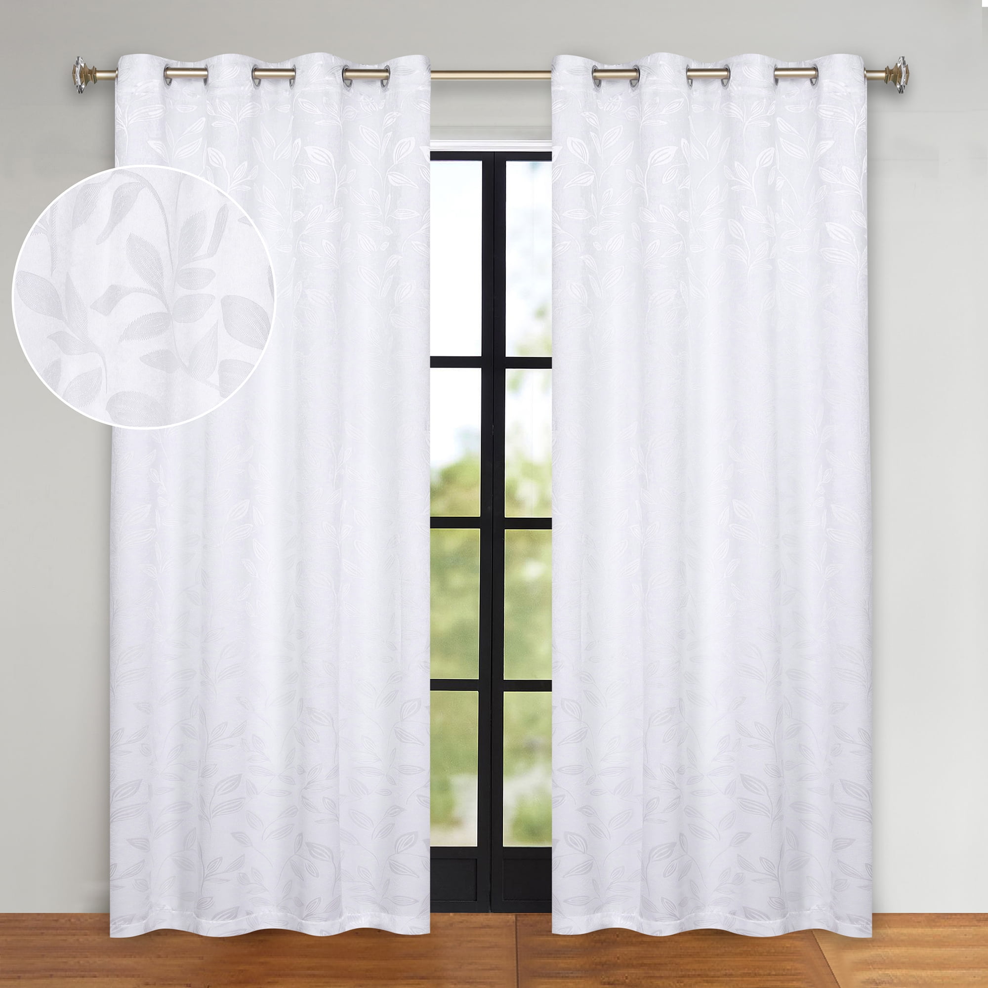 Superior Blackout Leaves Curtains Set of 2, Light Filtering Grommet Curtain Panel Set, White-White, 52"W x 108"L