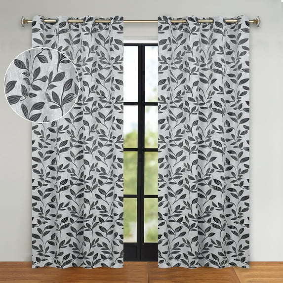 Superior Blackout Leaves Light Filtering Grommet Curtain Panel Set, 52"x120", Silver-Black