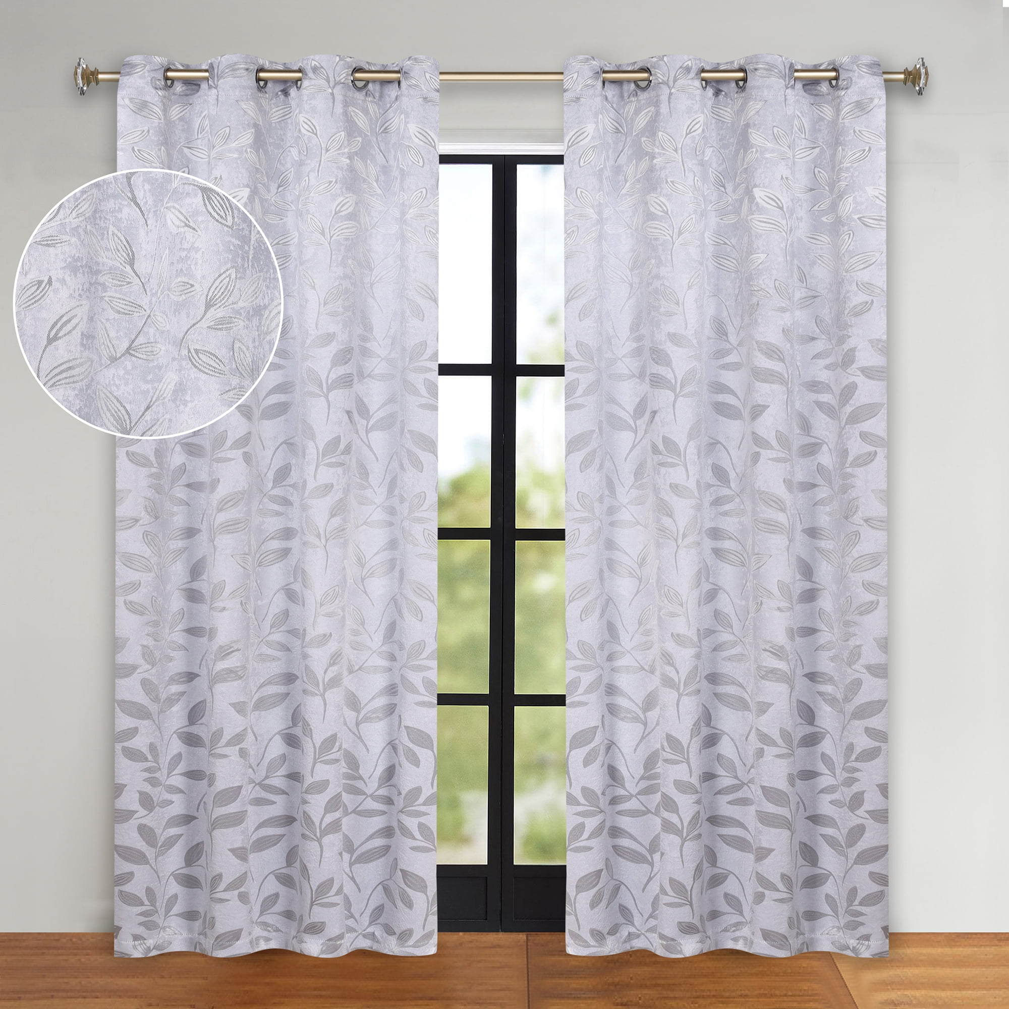 Superior Blackout Leaves Curtains Set of 2, Light Filtering Grommet Curtain Panel Set, Silver, 52"W x 120"L