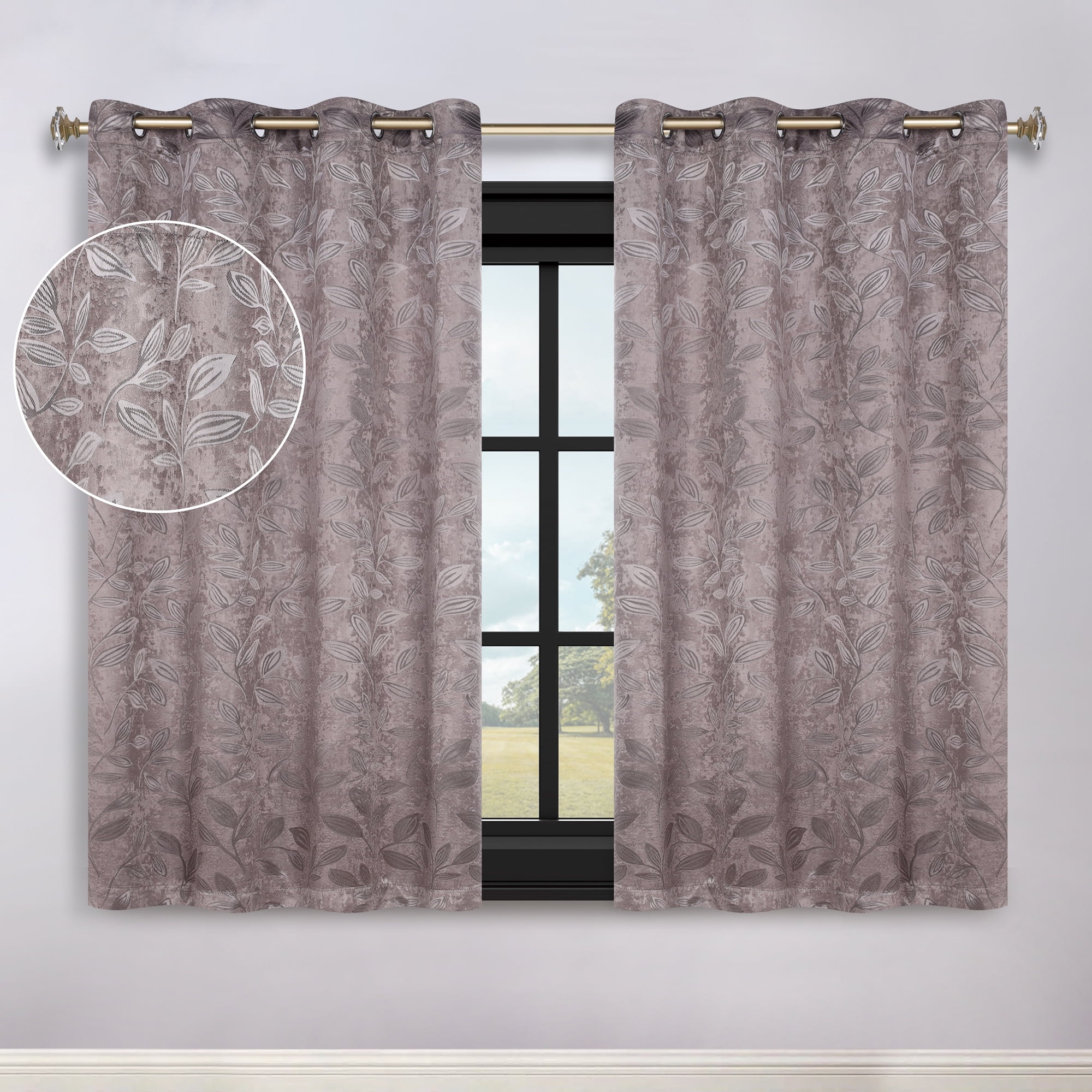 Superior Blackout Leaves Curtains Set of 2, Light Filtering Grommet Curtain Panel Set, Cappuccino-Brown, 52"W x 63"L