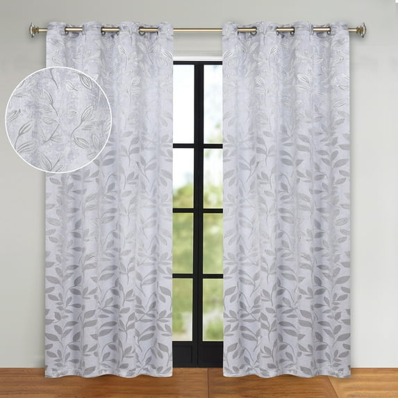 Superior Blackout Leaves Light Filtering Grommet Curtain Panel Set, 52"x84", Silver