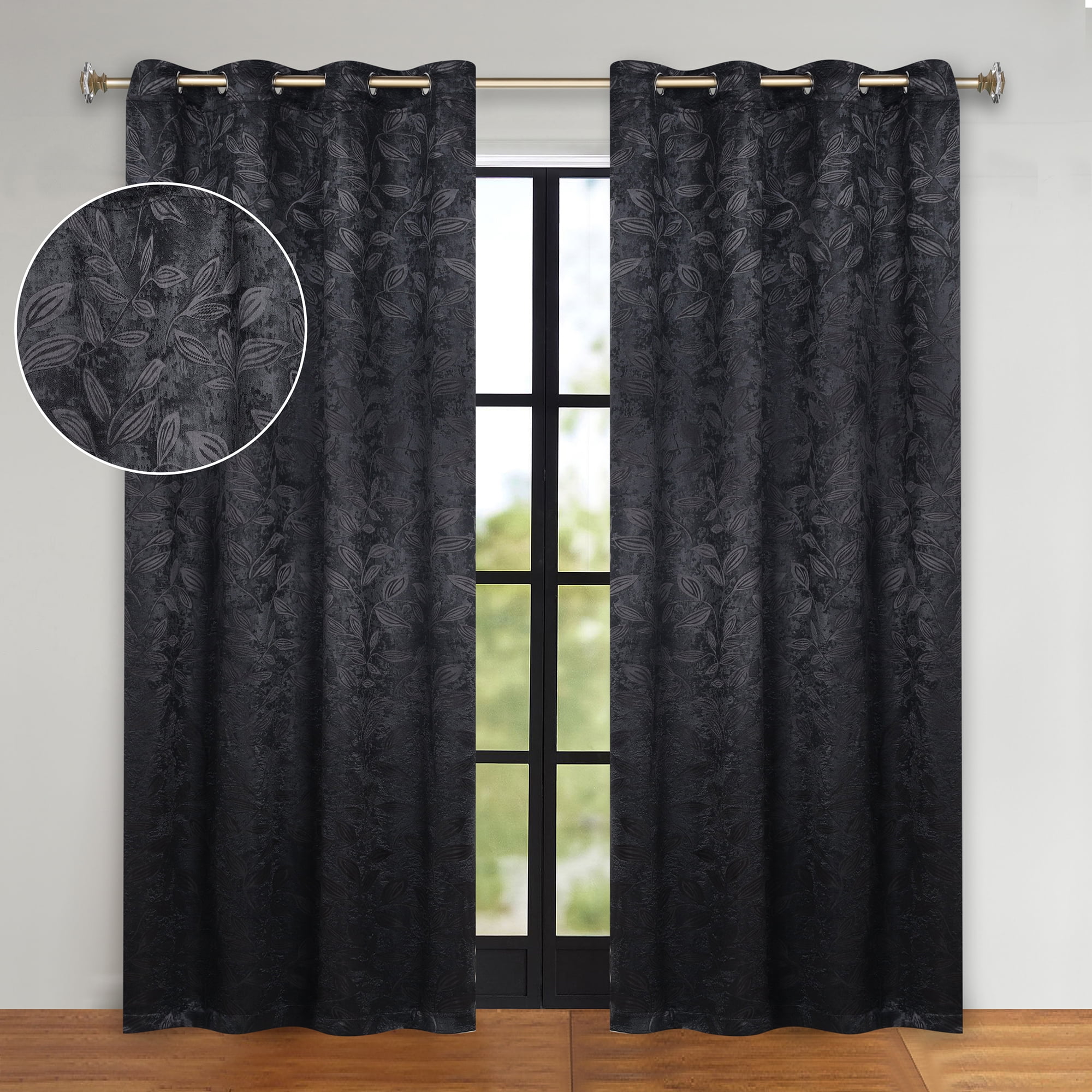 Superior Blackout Leaves Curtains Set of 2, Light Filtering Grommet Curtain Panel Set, Black, 52"W x 96"L