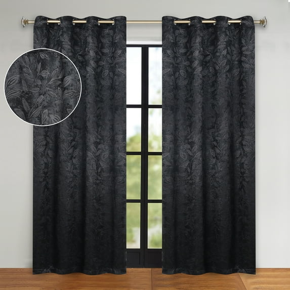 Superior Blackout Leaves Light Filtering Grommet Curtain Panel Set, 52"x96", Black
