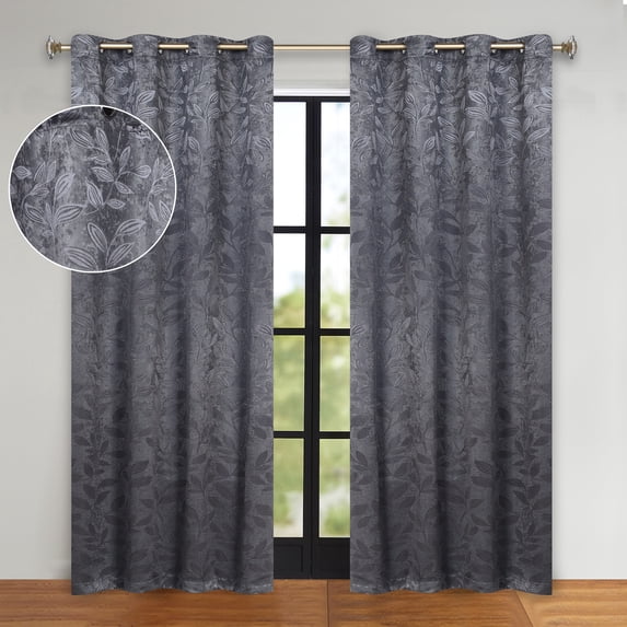 Superior Blackout Leaves Curtains Set of 2, Light Filtering Grommet Curtain Panel Set, Charcoal, 52"W x 96"L