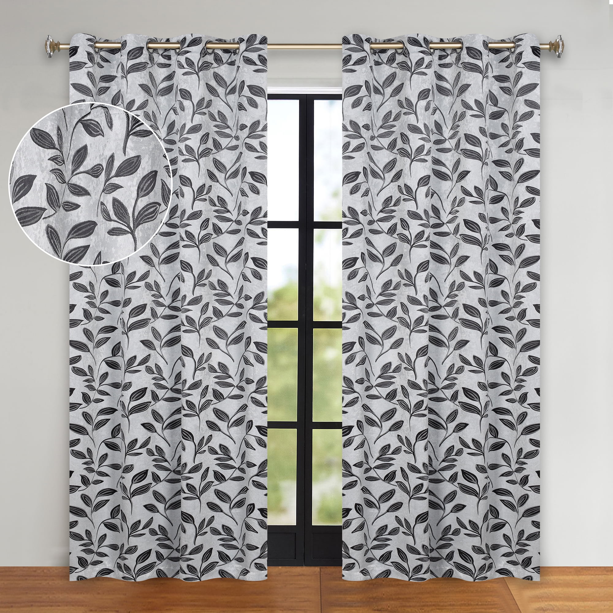 Superior Blackout Leaves Curtains Set of 2, Light Filtering Grommet Curtain Panel Set, Silver-Black, 52"W x 96"L