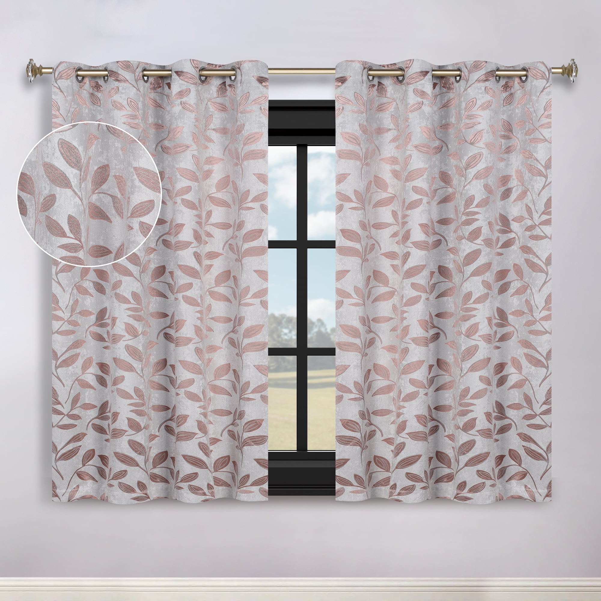 Superior Blackout Leaves Curtains Set of 2, Light Filtering Grommet Curtain Panel Set, Champagne, 70"W x 63"L