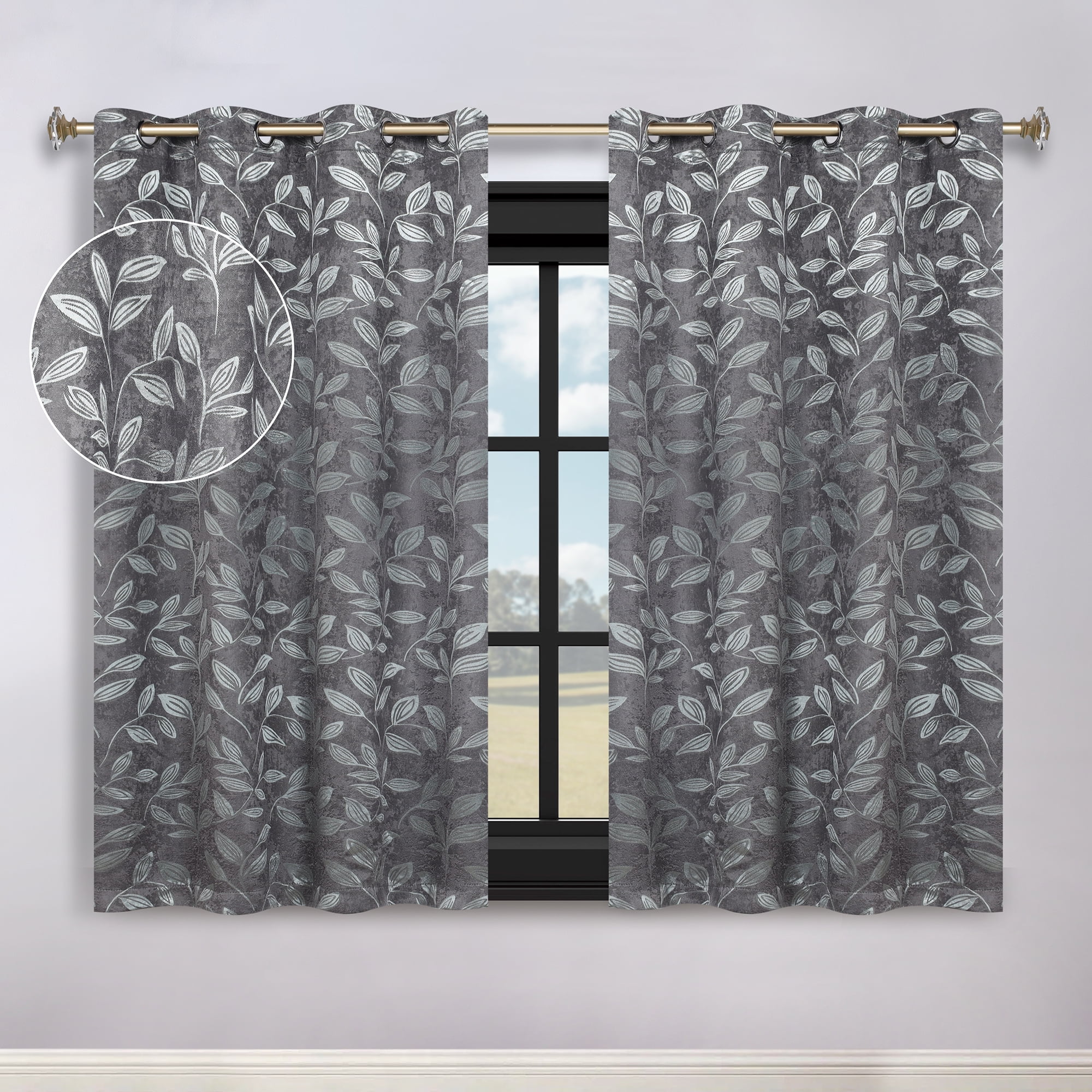Superior Blackout Leaves Curtains Set of 2, Light Filtering Grommet Curtain Panel Set, Nickel Black, 70"W x 63"L