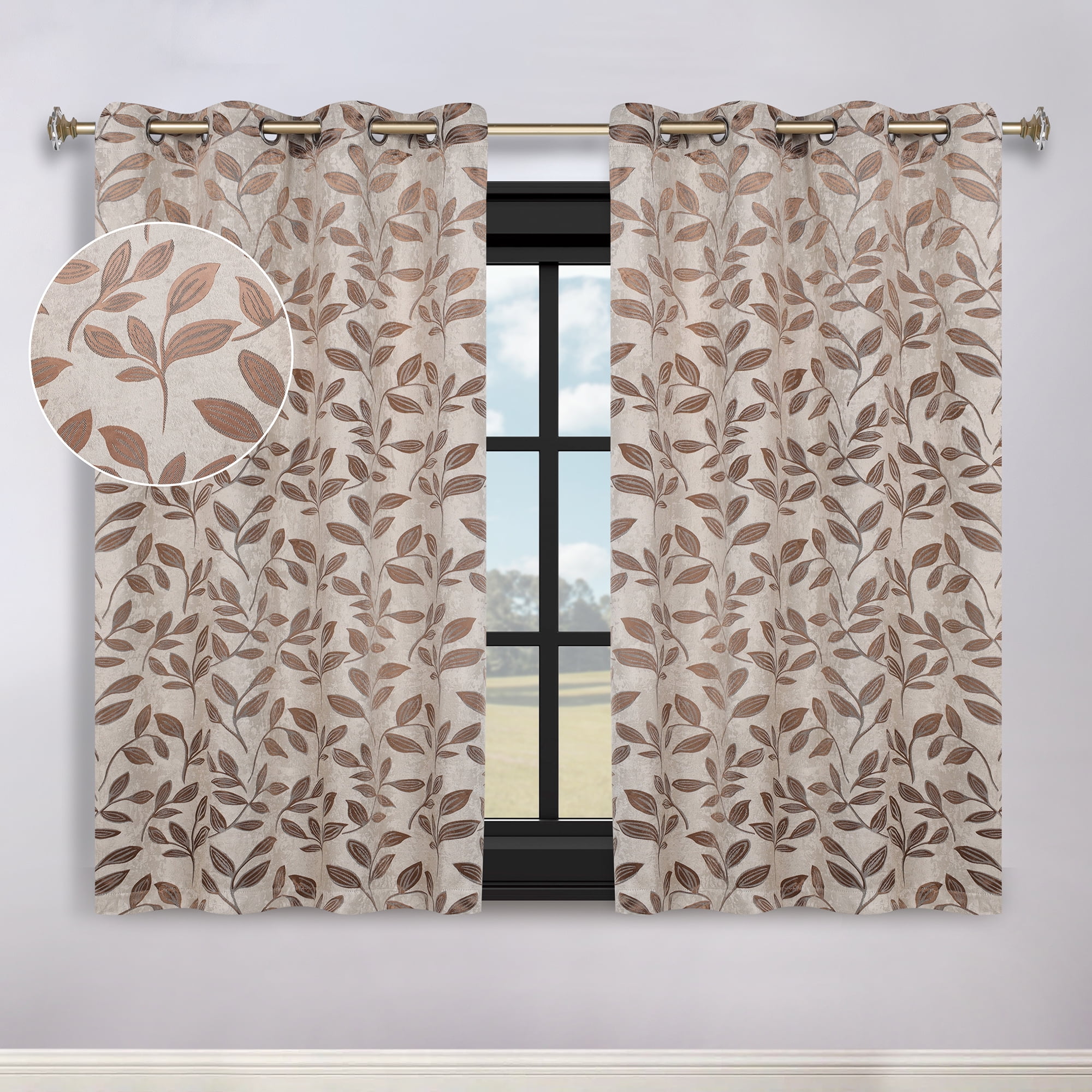 Superior Blackout Leaves Curtains Set of 2, Light Filtering Grommet Curtain Panel Set, White-Copper, 70"W x 63"L