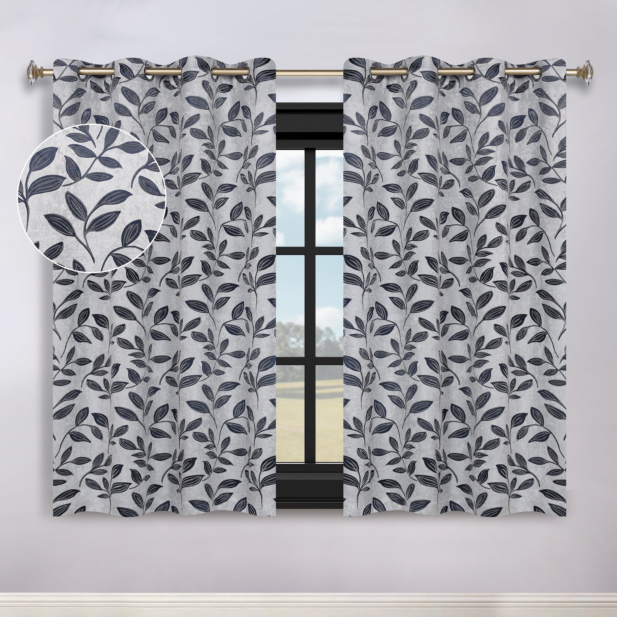 Superior Blackout Leaves Curtains Set of 2, Light Filtering Grommet Curtain Panel Set, White-Navy, 70"W x 63"L