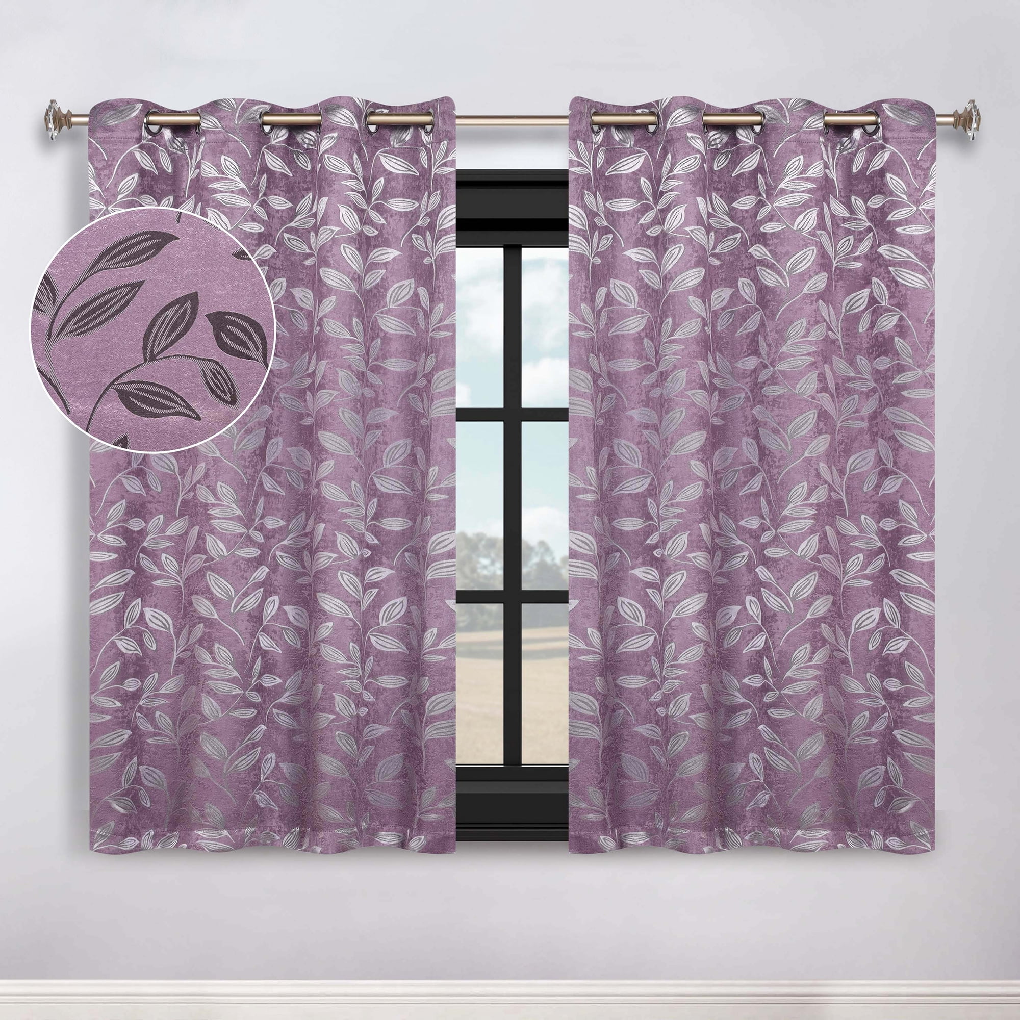 Superior Blackout Leaves Curtains Set of 2, Light Filtering Grommet Curtain Panel Set, Wisteria, 70"W x 63"L