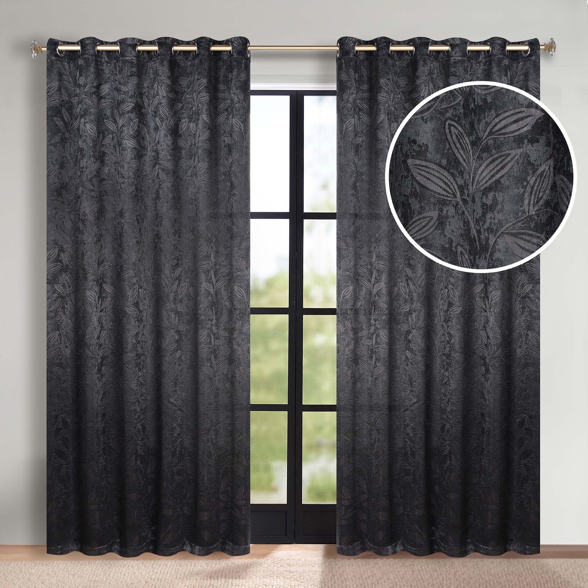 Superior Blackout Leaves Curtains Set of 2, Light Filtering Grommet Curtain Panel Set, Black, 70"W x 84"L