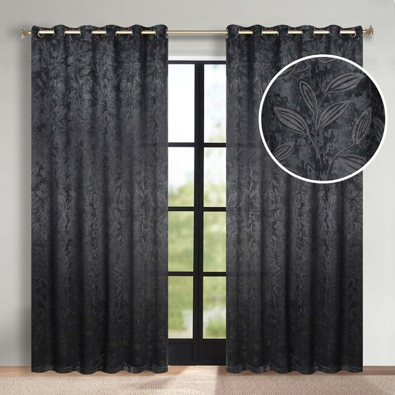 Superior Blackout Leaves Light Filtering Grommet Curtain Panel Set, 70"x84", Black-Black