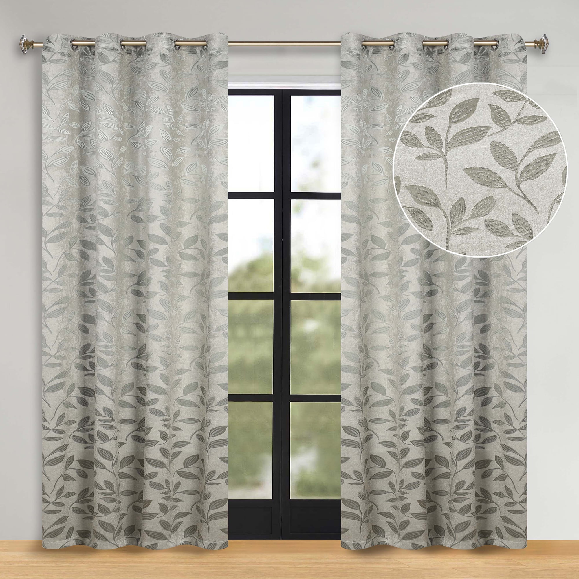 Superior Blackout Leaves Curtains Set of 2, Light Filtering Grommet Curtain Panel Set, Sage, 70"W x 84"L