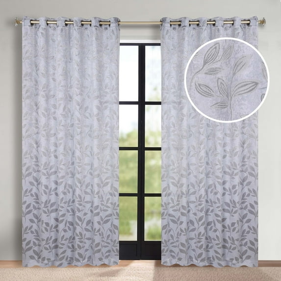 Superior Blackout Leaves Light Filtering Grommet Curtain Panel Set, 70"x84", Silver-Silver