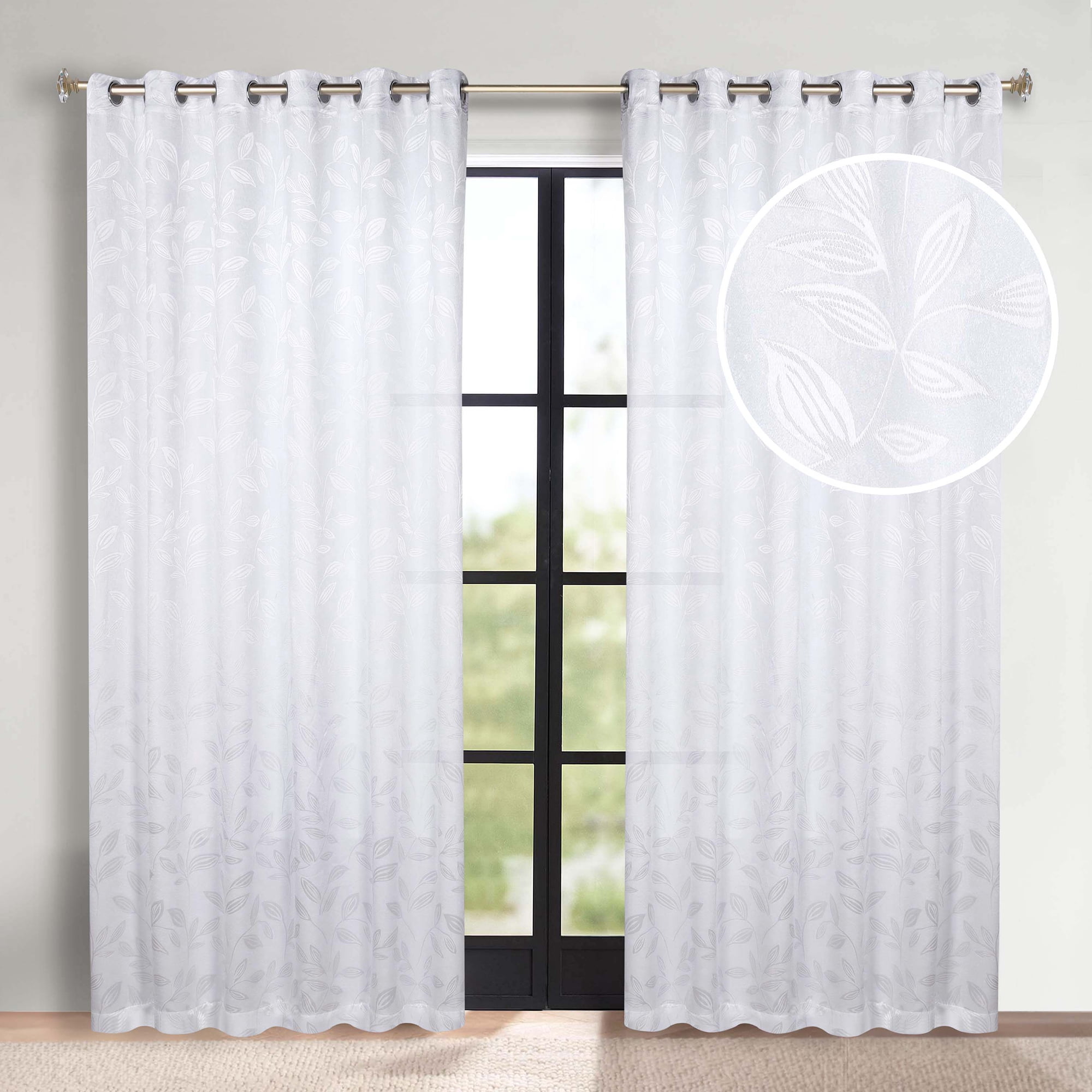 Superior Blackout Leaves Curtains Set of 2, Light Filtering Grommet Curtain Panel Set, White-White, 70"W x 84"L