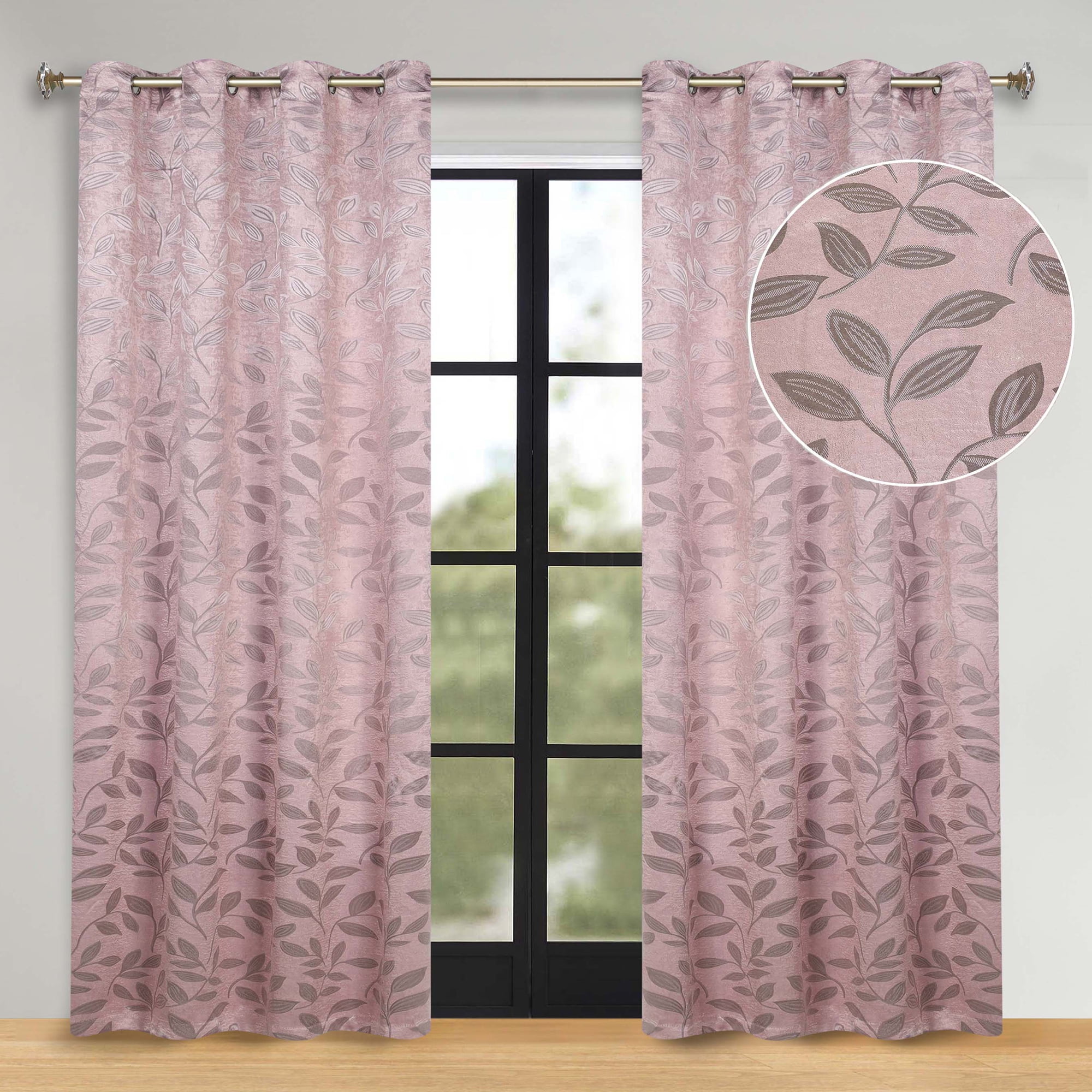 Superior Blackout Leaves Curtains Set of 2, Light Filtering Grommet Curtain Panel Set, Blush, 70"W x 96"L