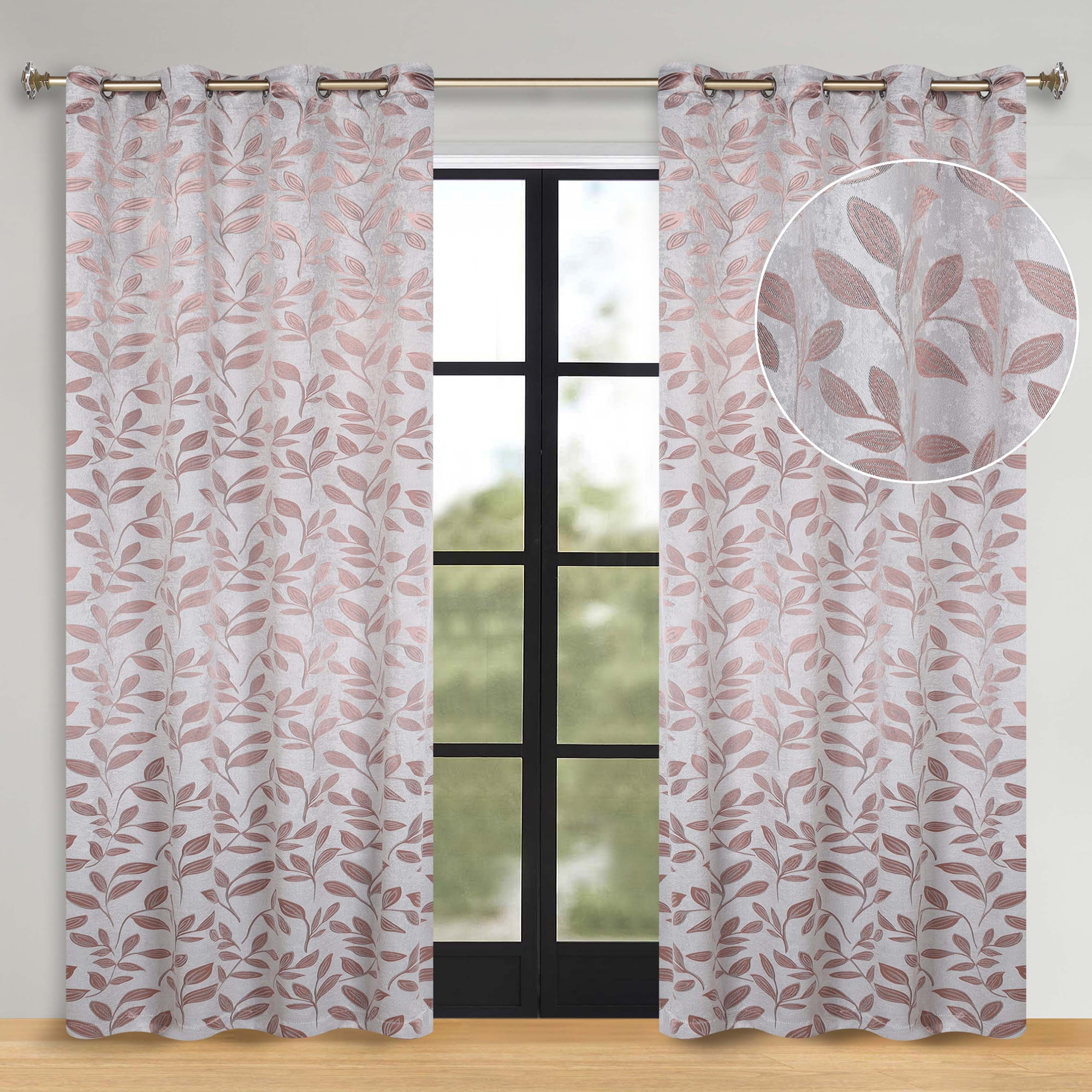 Superior Blackout Leaves Curtains Set of 2, Light Filtering Grommet Curtain Panel Set, Champagne, 70"W x 96"L