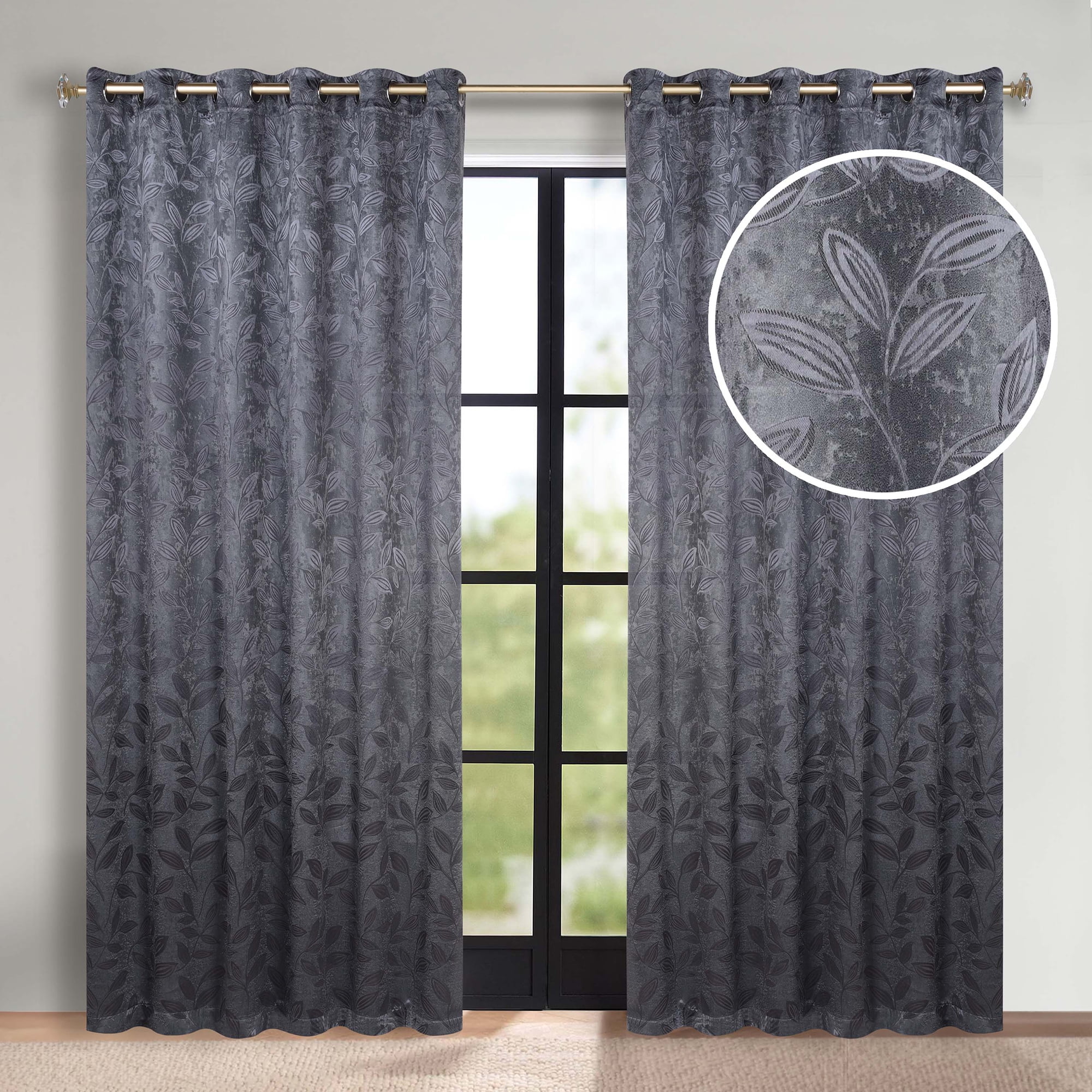 Superior Blackout Leaves Curtains Set of 2, Light Filtering Grommet Curtain Panel Set, Charcoal, 70"W x 96"L