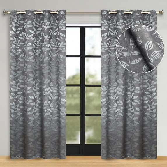 Superior Blackout Leaves Light Filtering Grommet Curtain Panel Set, 70"x96", Nickel Black