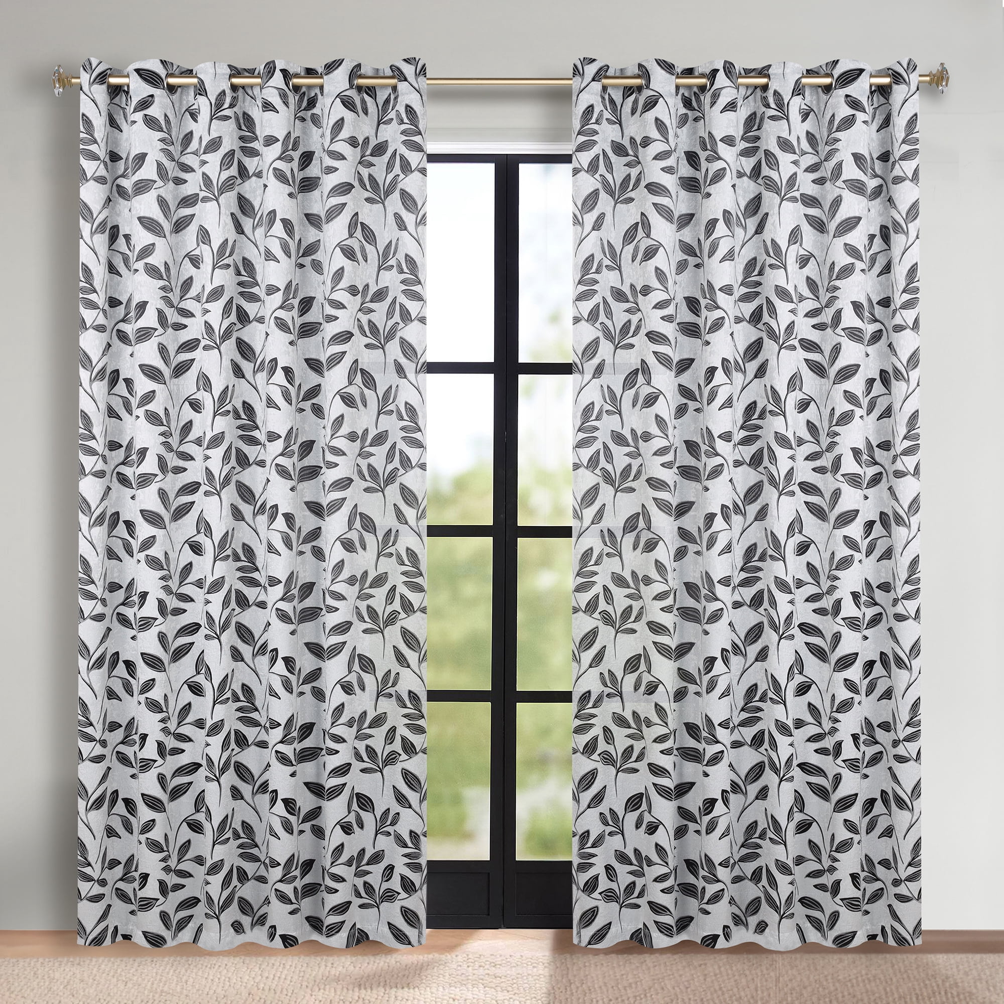 Superior Blackout Leaves Curtains Set of 2, Light Filtering Grommet Curtain Panel Set, Silver-Black, 70"W x 96"L