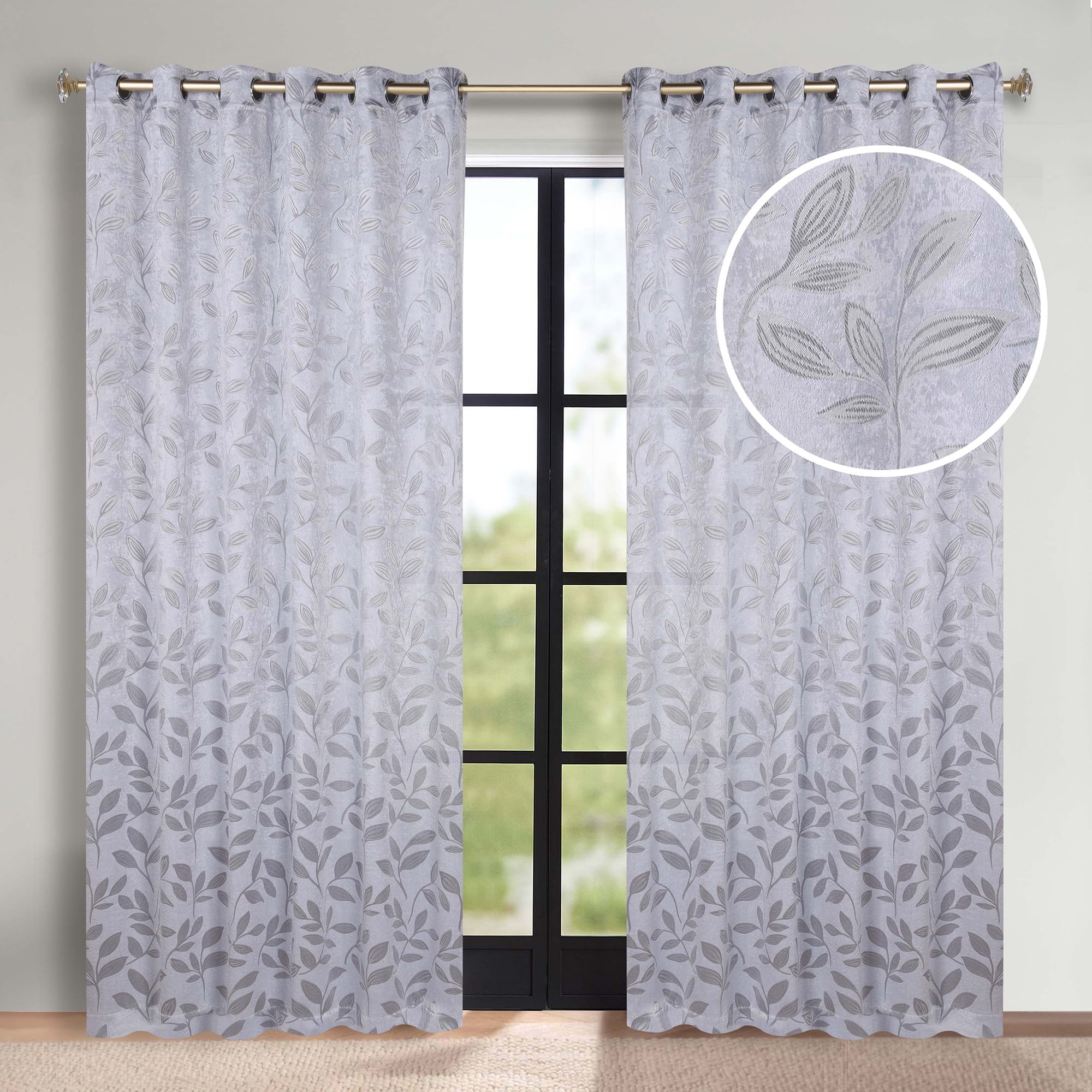 Superior Blackout Leaves Curtains Set of 2, Light Filtering Grommet Curtain Panel Set, Silver-Silver, 70"W x 96"L