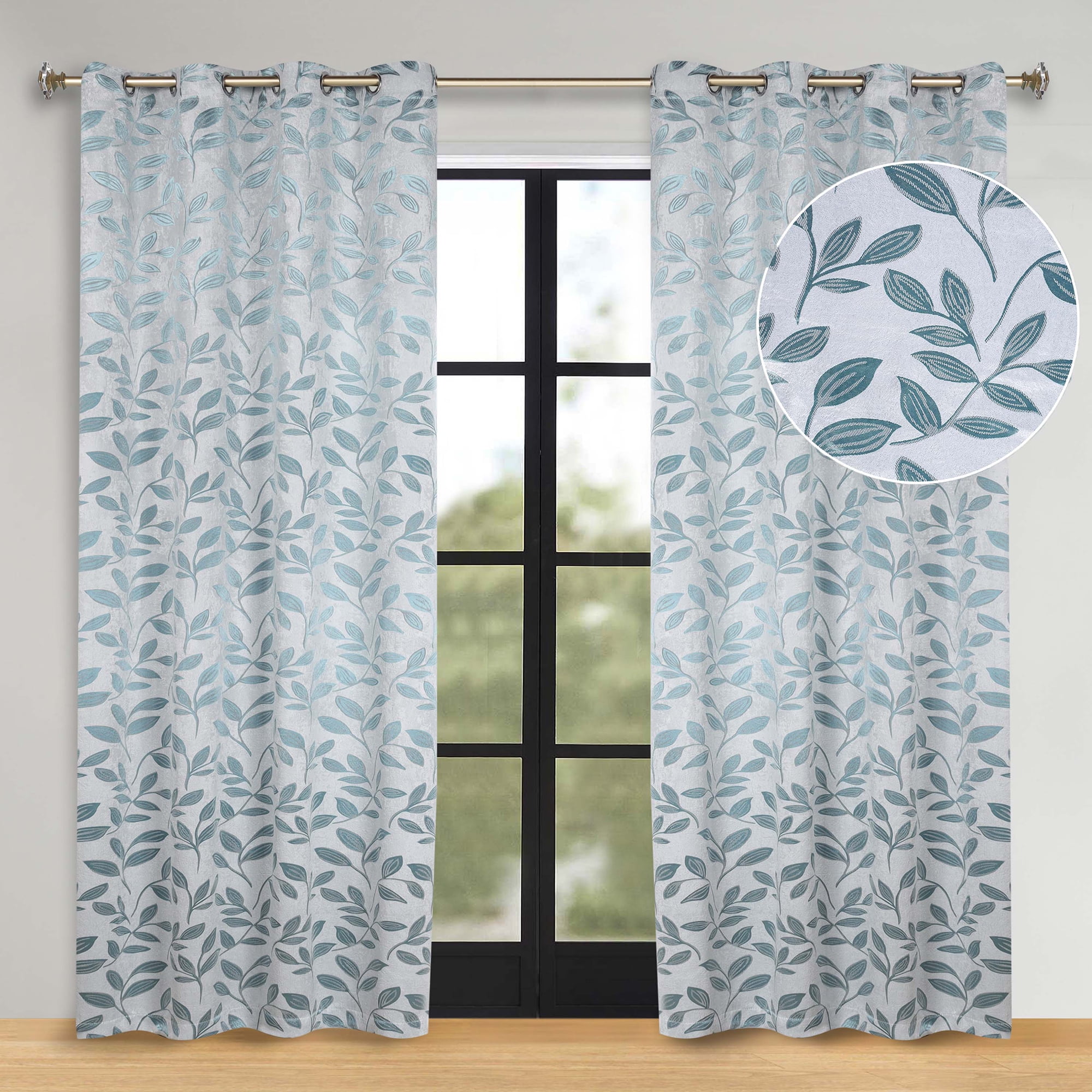 Superior Blackout Leaves Curtains Set of 2, Light Filtering Grommet Curtain Panel Set, Teal, 70"W x 96"L