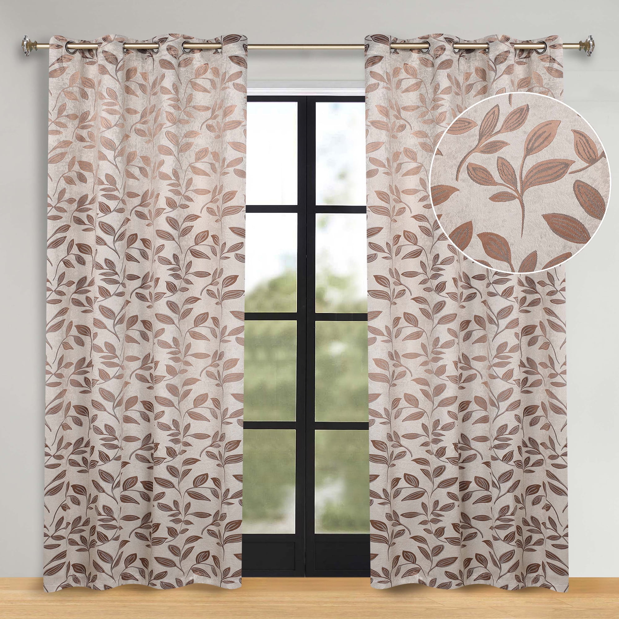 Superior Blackout Leaves Curtains Set of 2, Light Filtering Grommet Curtain Panel Set, White-Copper, 70"W x 96"L