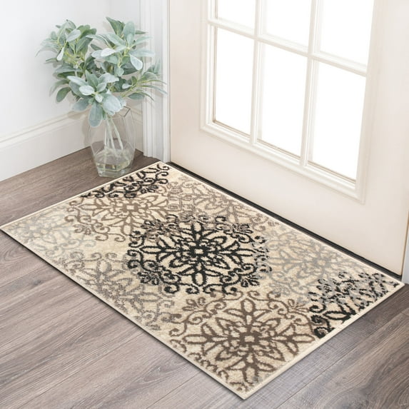 Superior Modern Floral Scroll Pet and Kid-Friendly Indoor Runner Rug, 3'x5', Beige
