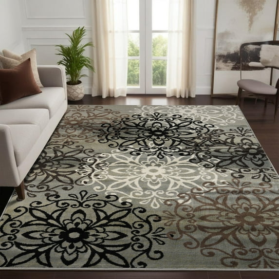 Superior Modern Floral Scroll Pet and Kid-Friendly Indoor Runner Rug, 4'x6', Blue