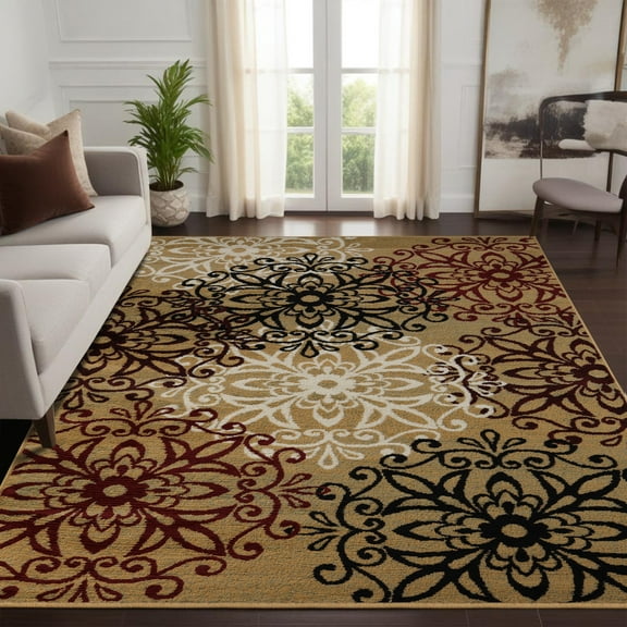 Superior Modern Floral Scroll Pet and Kid-Friendly Indoor Runner Rug, 4'x6', Gold
