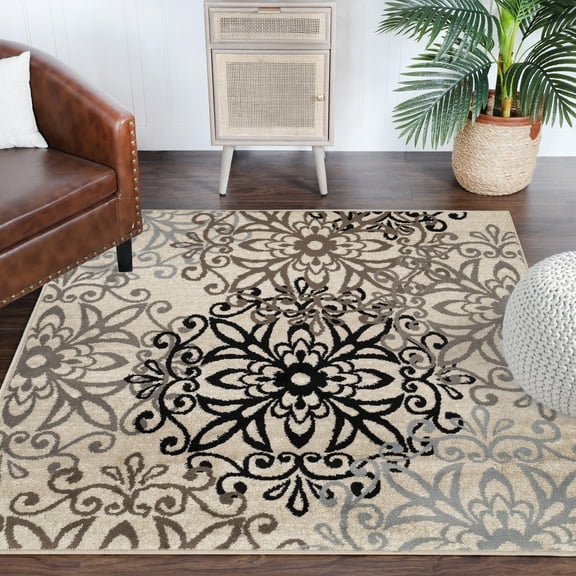 Superior Modern Floral Scroll Pet and Kid-Friendly Indoor Area Rug, 5'x5' Square, Multi-Colored