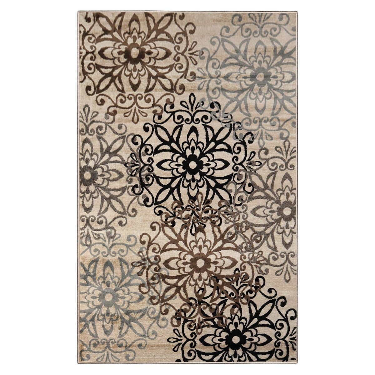 Beige Floral Medallion Polypropylene Area Rug with Jute Backing