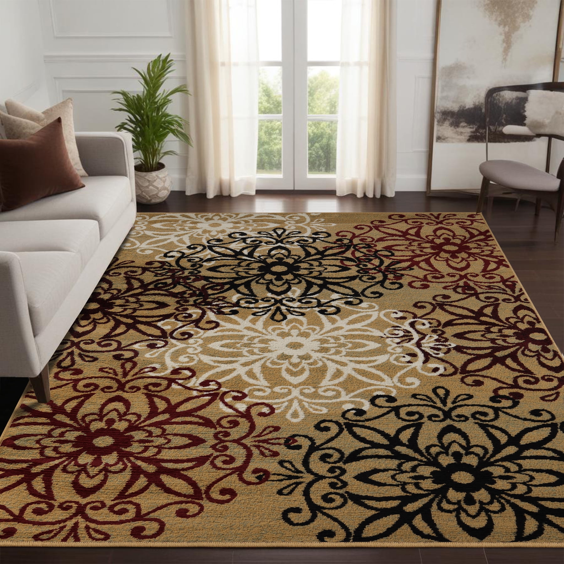 Gold Floral Scroll 8' x 10' Indoor Area Rug with Jute Backing