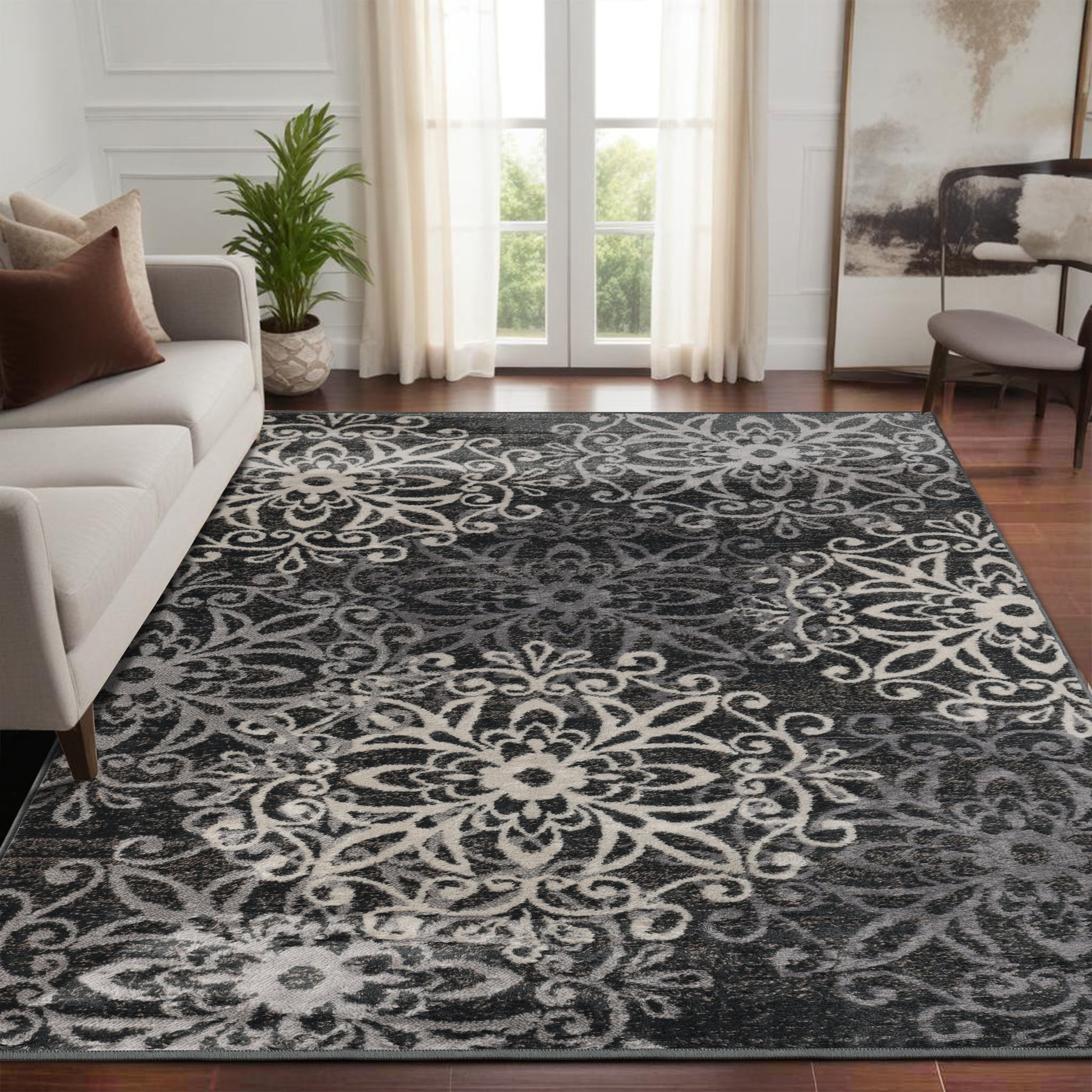 Superior Modern Floral Scroll Pet and Kid-Friendly Indoor Area Rug, 8'x10', Slate