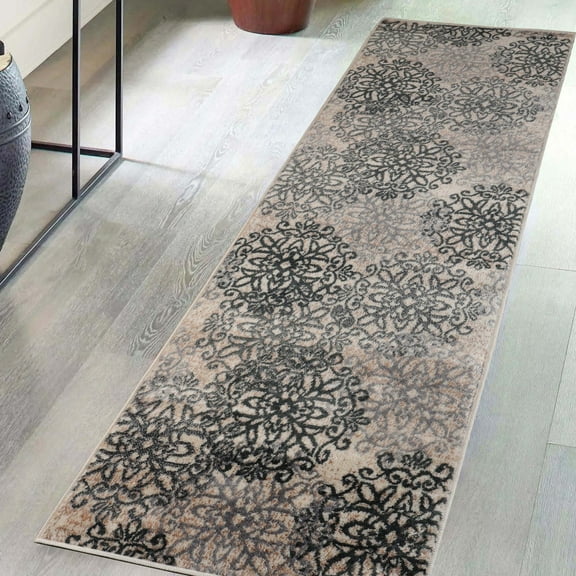 Superior Modern Floral Scroll Pet and Kid-Friendly Indoor Runner Rug, 2'7"x12', Oatmeal